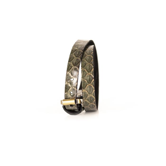 Olive python leather wrap bracelet with gold buckle closure, handmade exotic leather bracelet by THE DARK