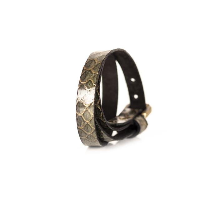 Olive python leather wrap bracelet with gold buckle closure, handmade exotic leather bracelet by THE DARK