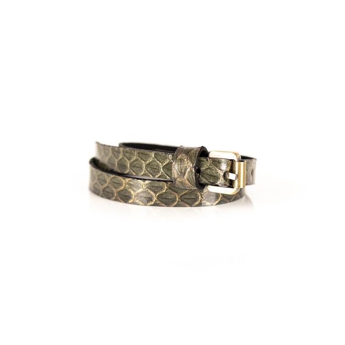 Olive python leather wrap bracelet with gold buckle closure, handmade exotic leather bracelet by THE DARK