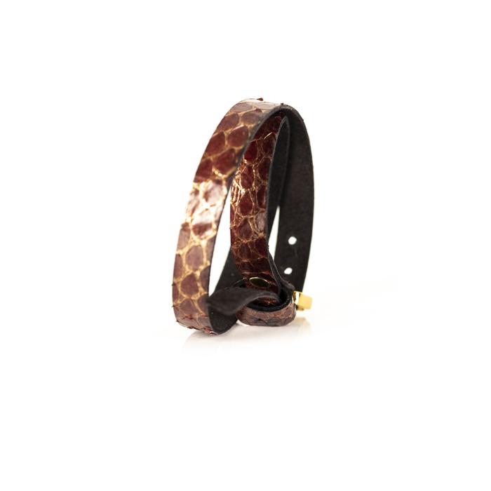 Burgundy python leather wrap bracelet with gold buckle closure, handmade exotic leather bracelet by THE DARK