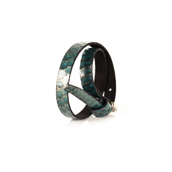 Turquoise python leather wrap bracelet with gold buckle closure, handmade exotic leather bracelet by THE DARK