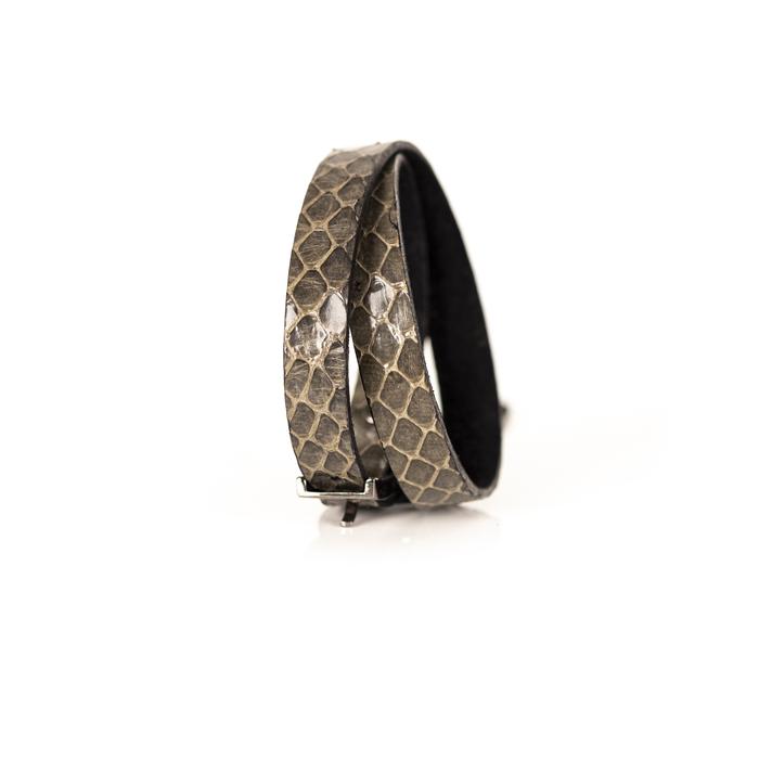 Smoky python leather wrap bracelet with gunmetal buckle closure, handmade exotic leather bracelet by THE DARK