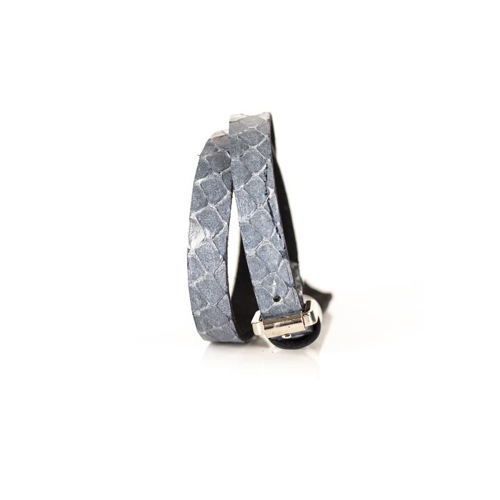 Silver python leather wrap bracelet with silver buckle closure, handmade exotic leather bracelet by THE DARK