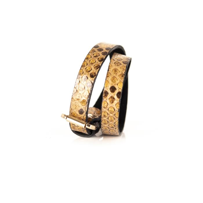 Golden python leather wrap bracelet with gold buckle closure, handmade exotic leather bracelet by THE DARK