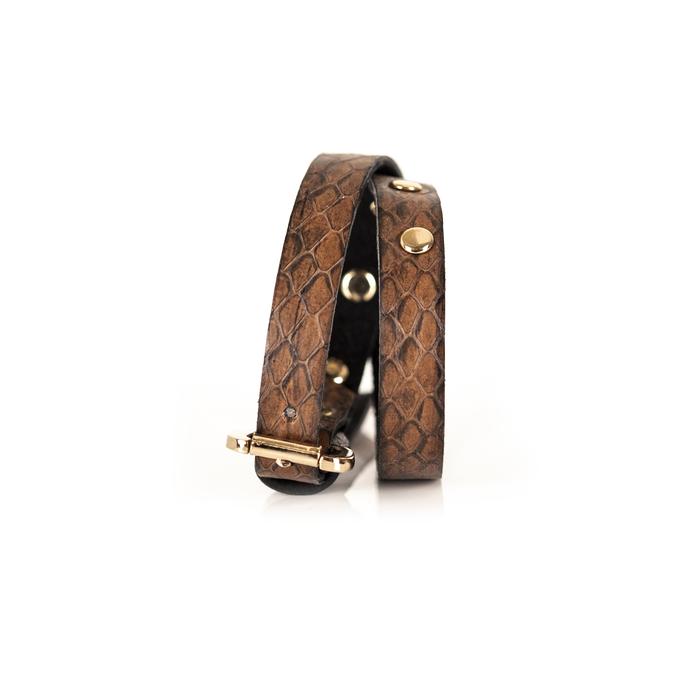 Brown python leather wrap bracelet with gold buckle closure and gold rivets, handmade exotic leather bracelet by THE DARK