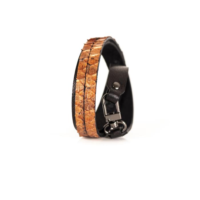 Amber python leather slim bracelet with metal clasp, handmade exotic leather bracelet by THE DARK
