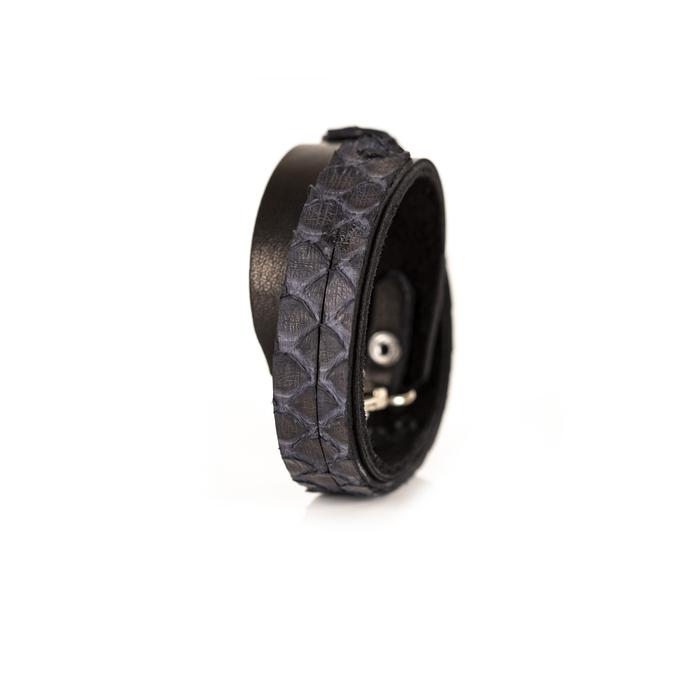 Black python leather slim bracelet with snap closure, handmade exotic leather bracelet by THE DARK