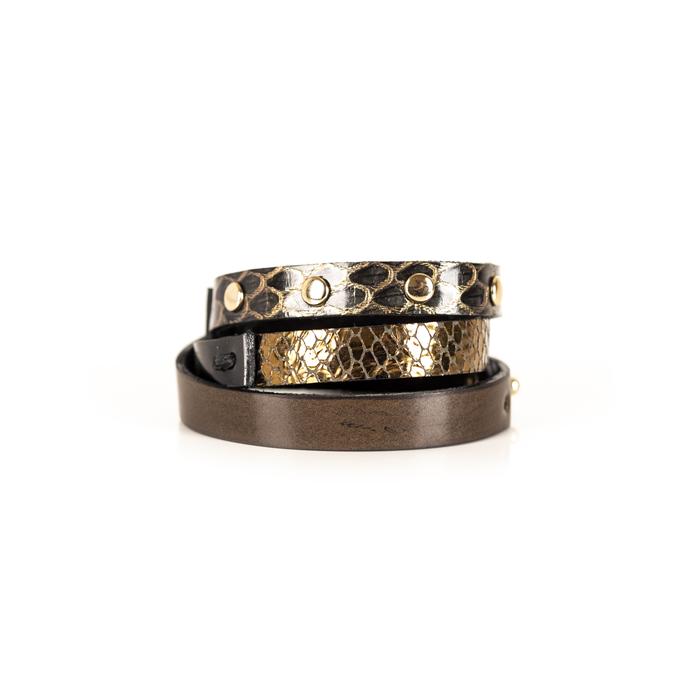 Layered leather choker with metallic gold python texture, bronze strap, and rivet detailing
