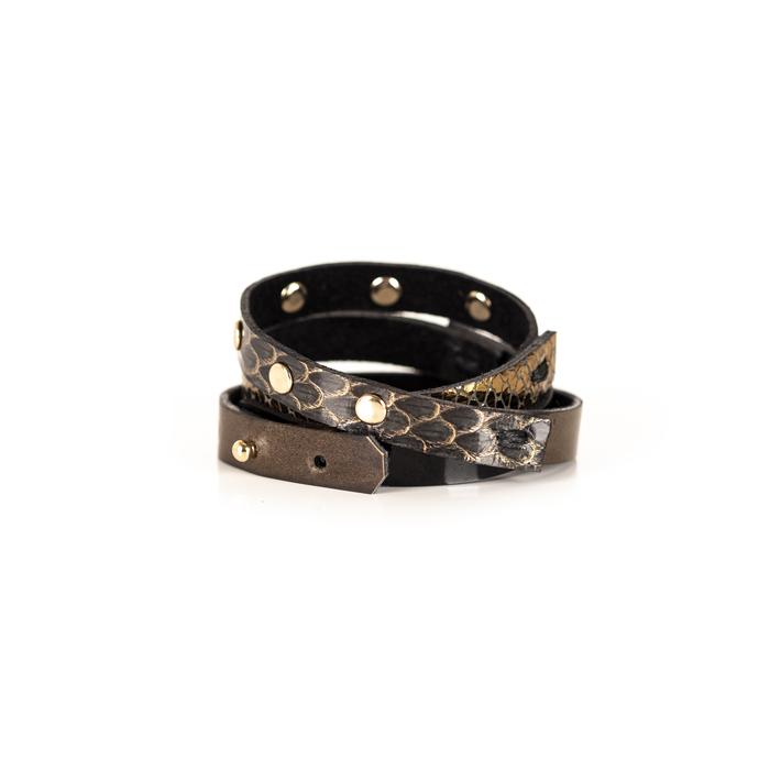 Layered leather choker with metallic gold python texture, bronze strap, and rivet detailing