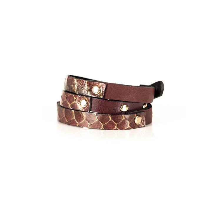 Layered burgundy leather choker with python texture and gold rivet detailing