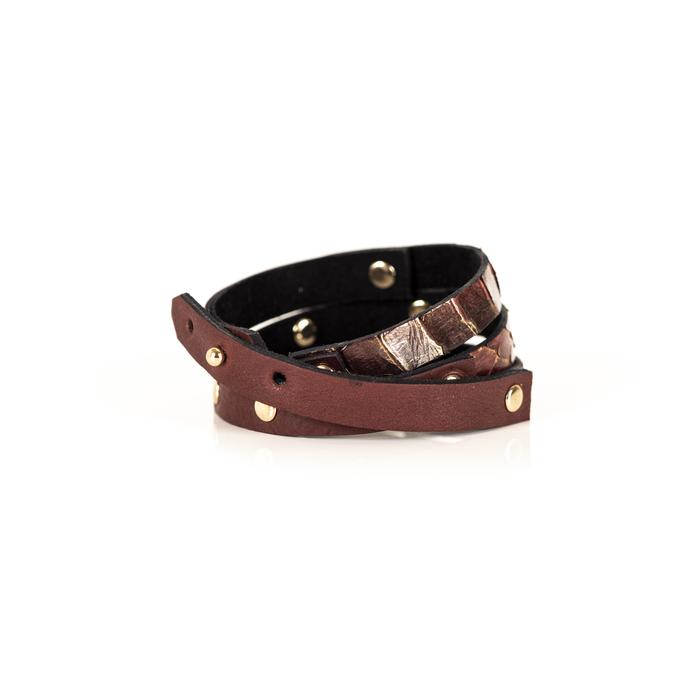 Layered burgundy leather choker with python texture and gold rivet detailing