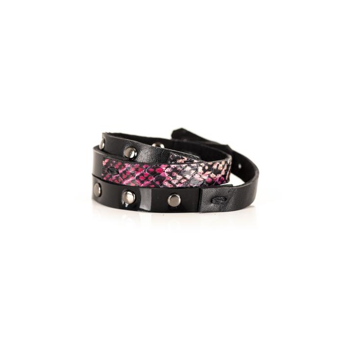 Black leather layered choker with pink python texture and metal stud detailing
