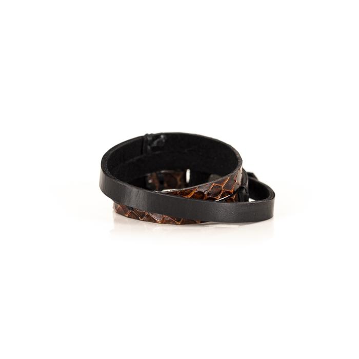 Layered black leather choker with brown python texture and crystal stud detailing