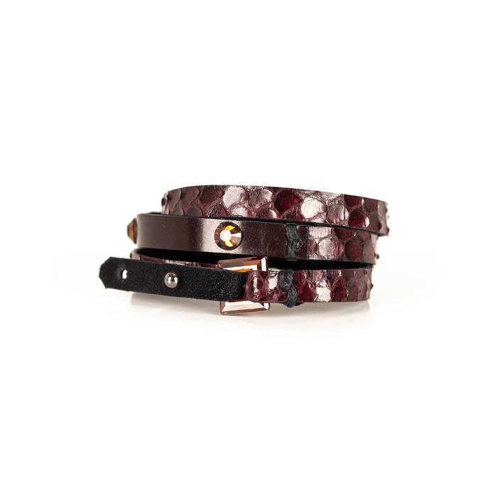 Layered leather choker with burgundy python texture and crystal accent detail