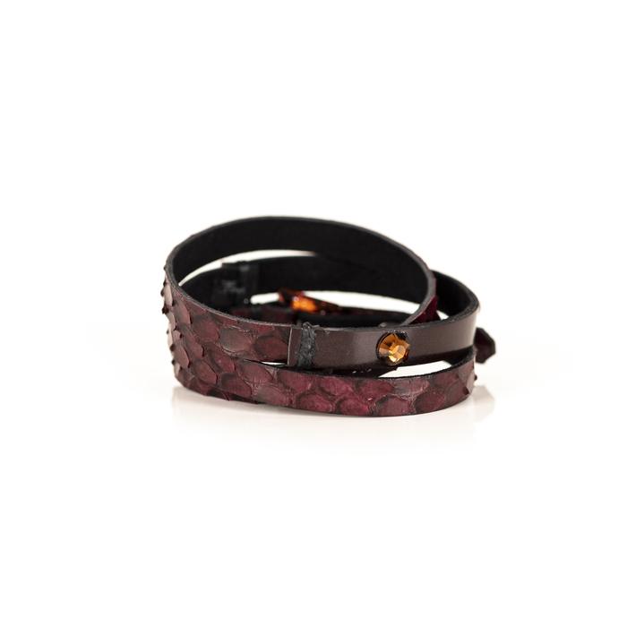 Burgundy Python Layered Choker Multi Strap Leather Collar with Crystal Accent
