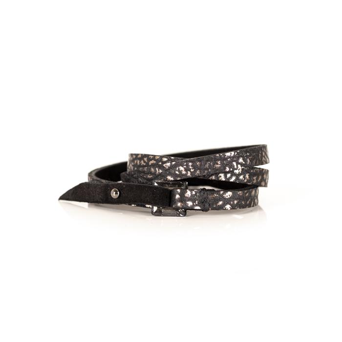 Black textured leather wrap bracelet with layered thin straps and metallic speckled finish, handmade minimalist cuff bracelet for women by THE DARK