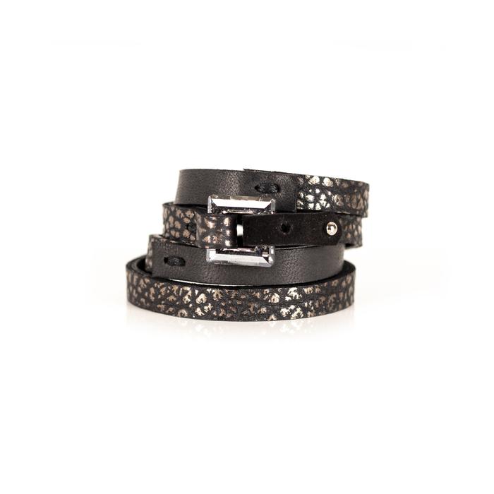 Black leather double wrap bracelet with metallic textured straps and silver buckle detail, handmade minimalist layered bracelet for women by THE DARK