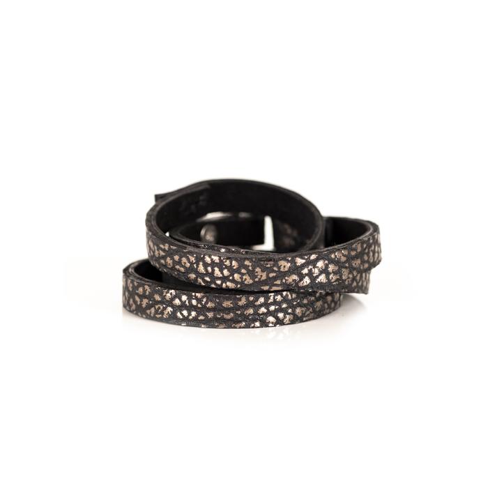 Black leather double wrap bracelet with metallic textured straps and silver buckle detail, handmade minimalist layered bracelet for women by THE DARK