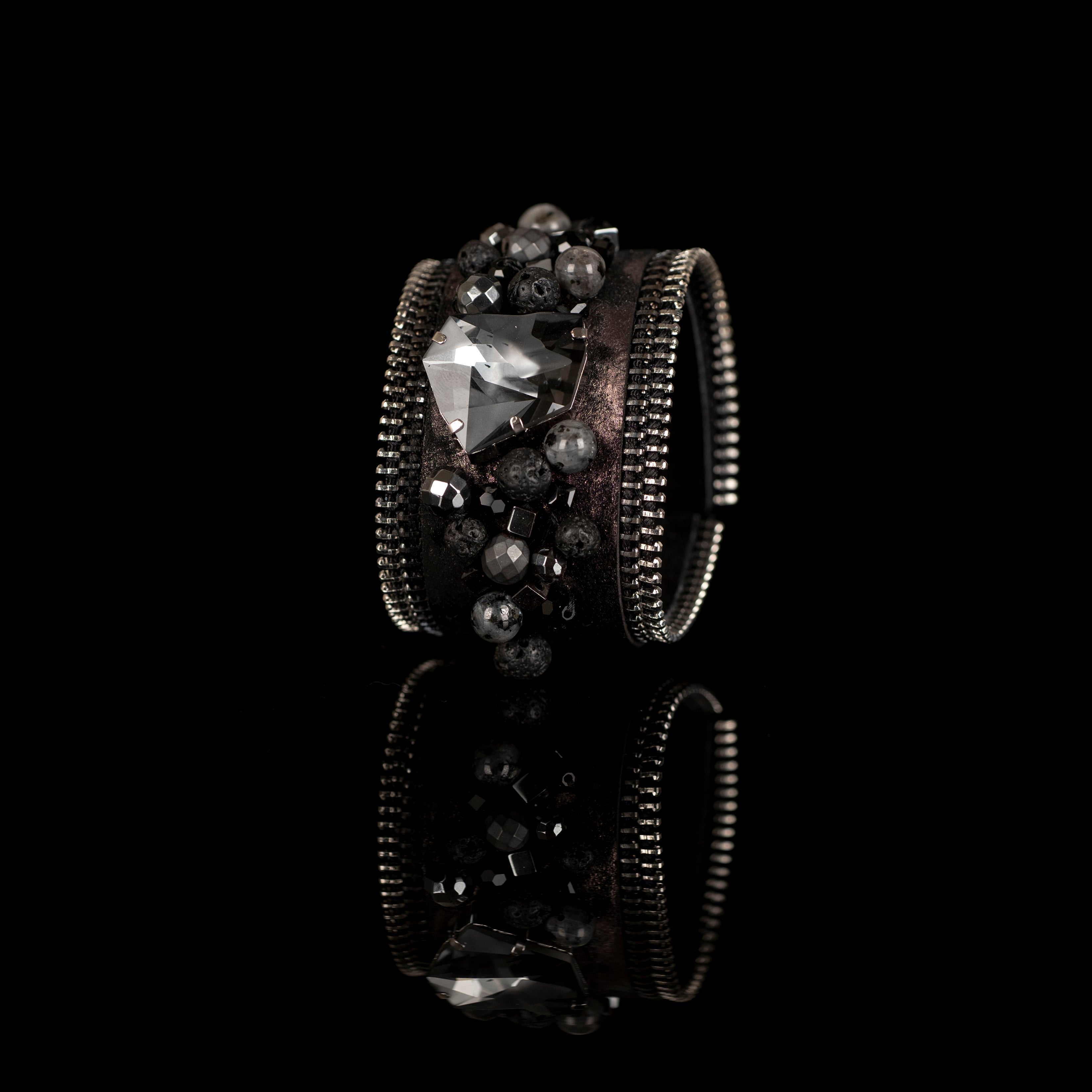 Black leather cuff with large faceted crystal and mixed bead cluster, handmade statement bracelet by THE DARK