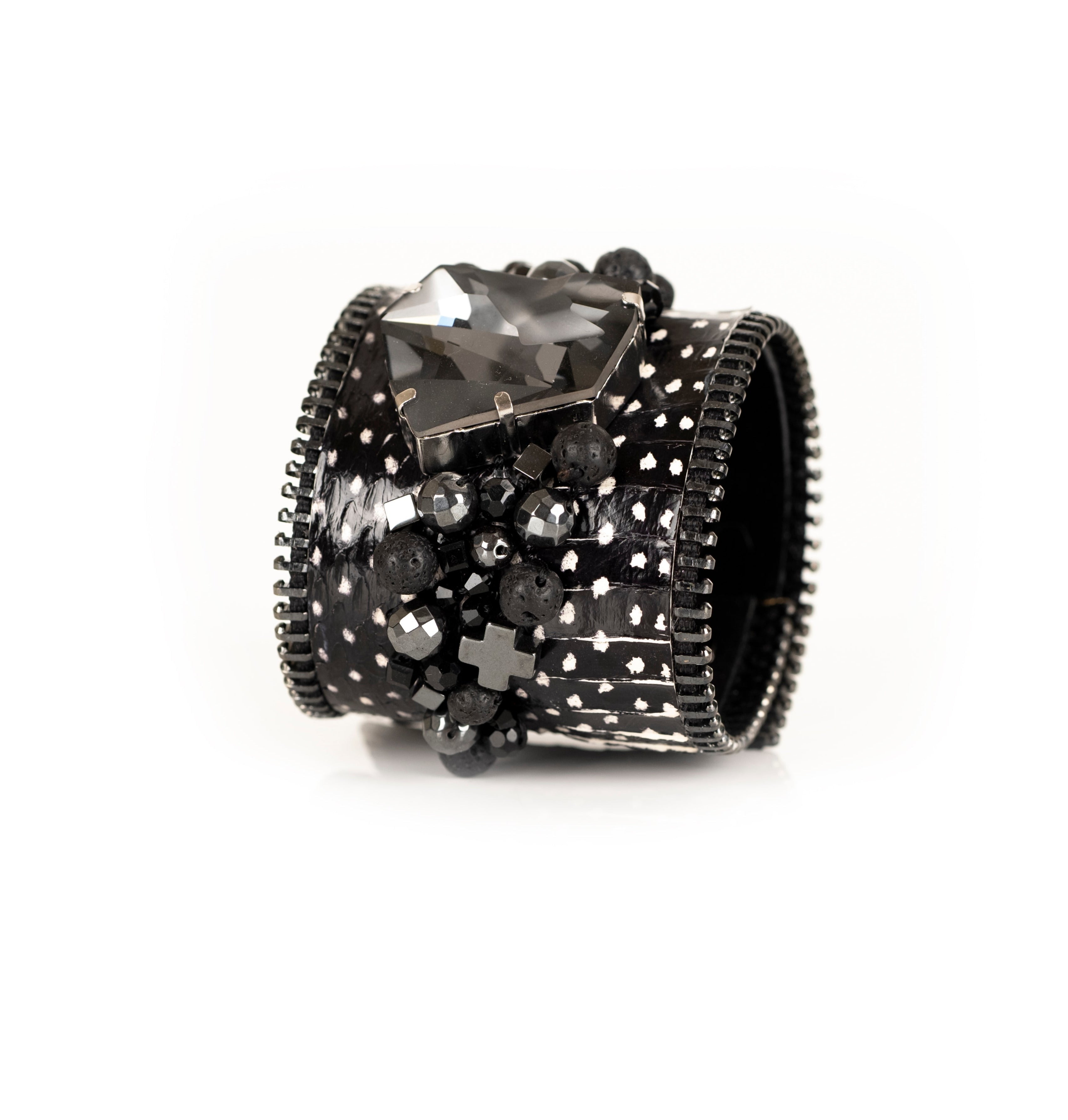 Black stingray leather cuff bracelet with dark crystal centerpiece and black beadwork, handmade statement bracelet by THE DARK