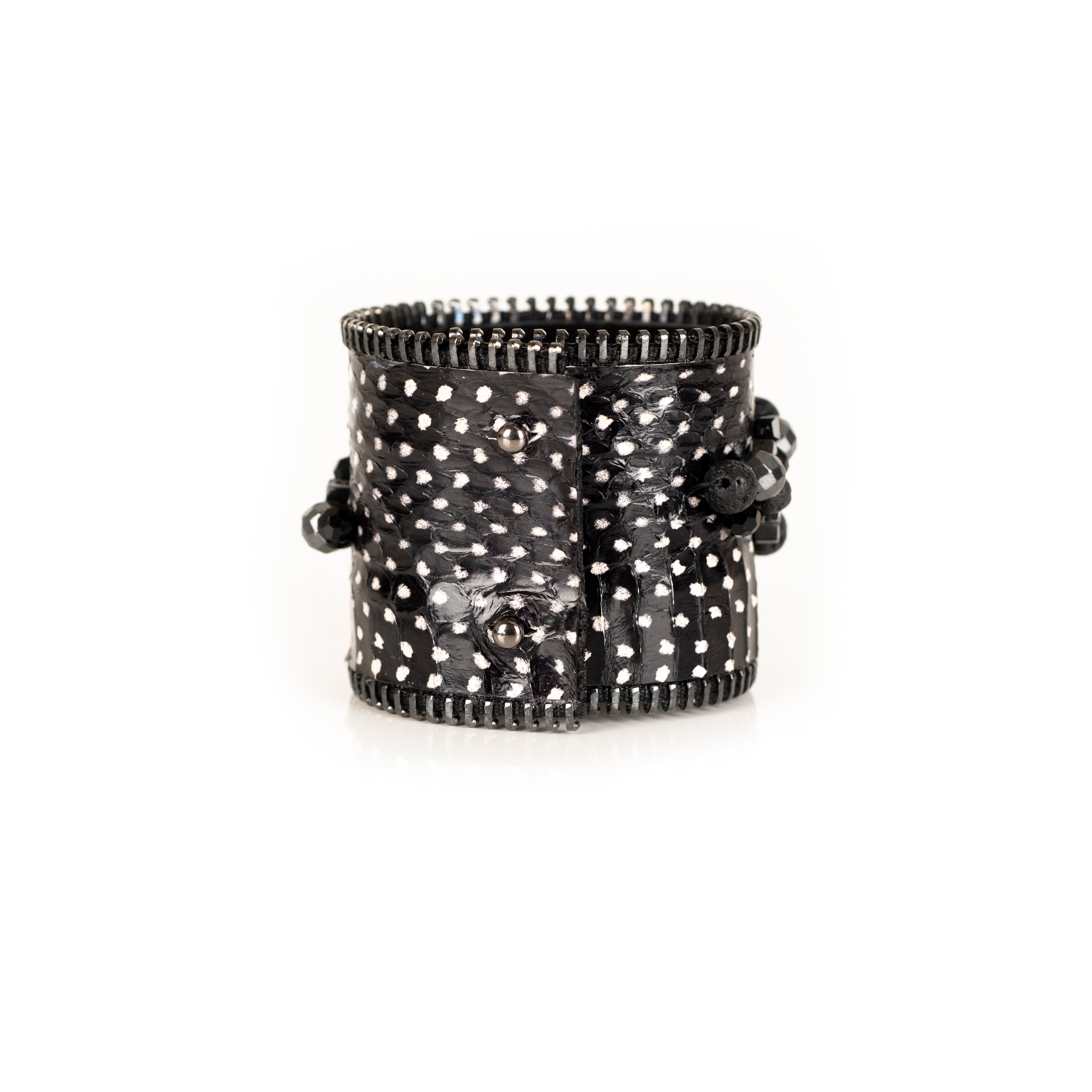 Black stingray leather cuff bracelet with dark crystal centerpiece and black beadwork, handmade statement bracelet by THE DARK