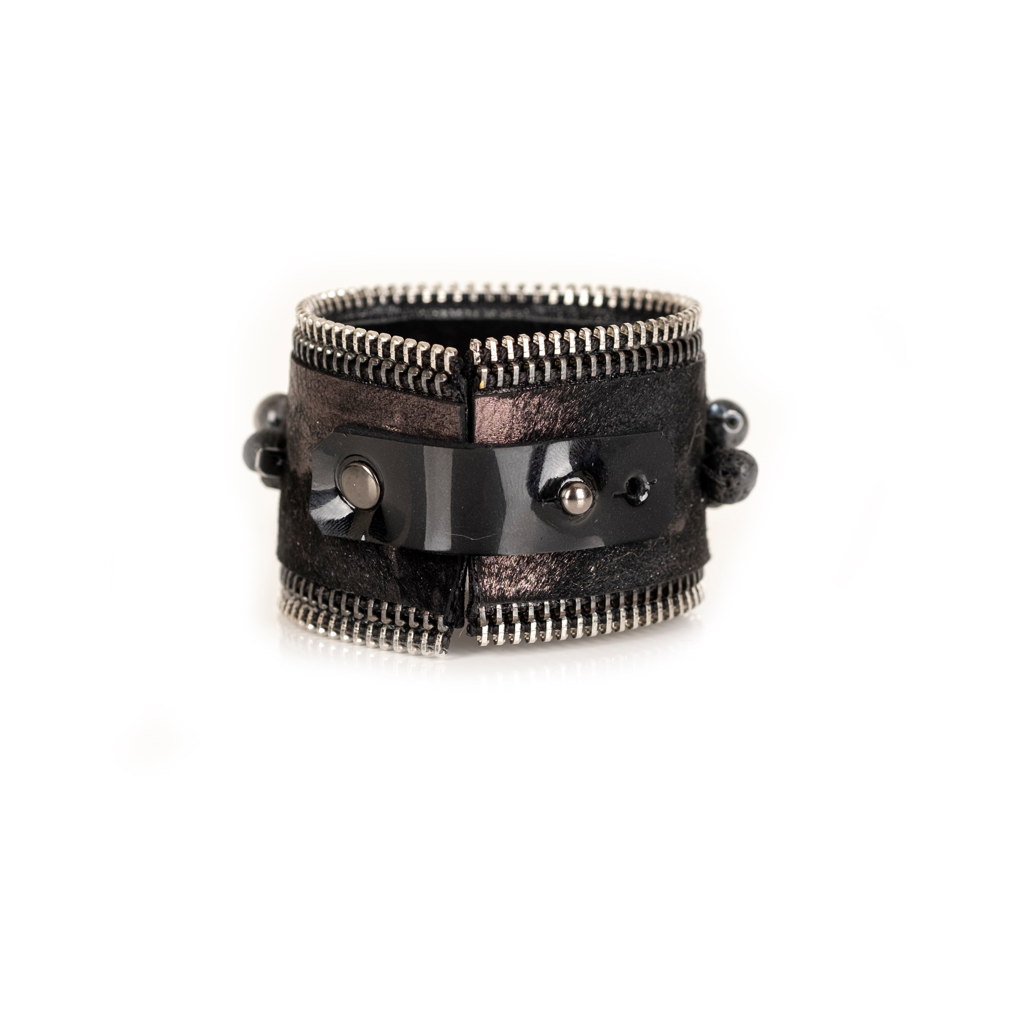 Black leather cuff with large faceted crystal and mixed bead cluster, handmade statement bracelet by THE DARK