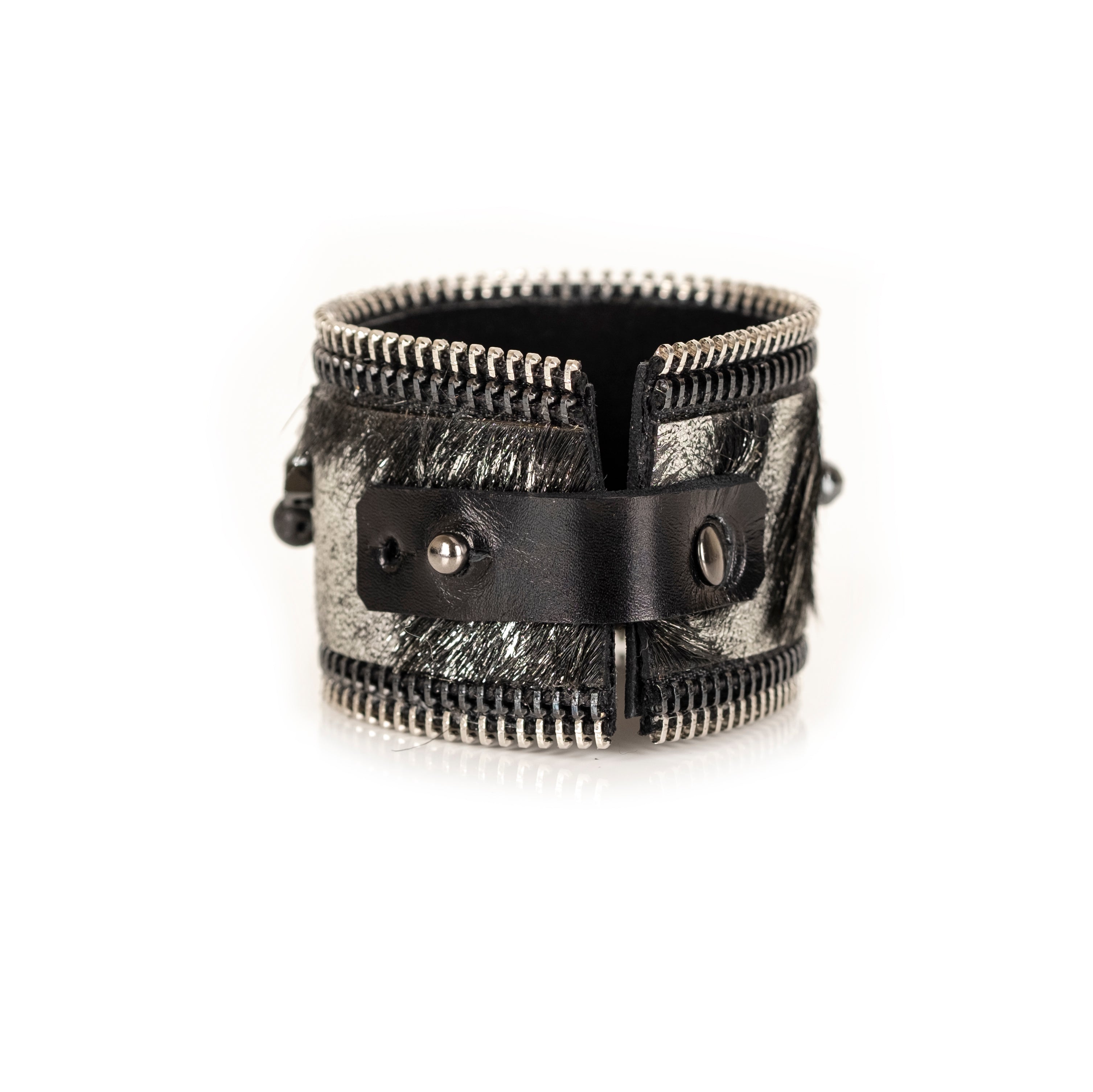 Metallic python leather cuff bracelet with bead cluster and zipper edges, handmade statement bracelet by THE DARK