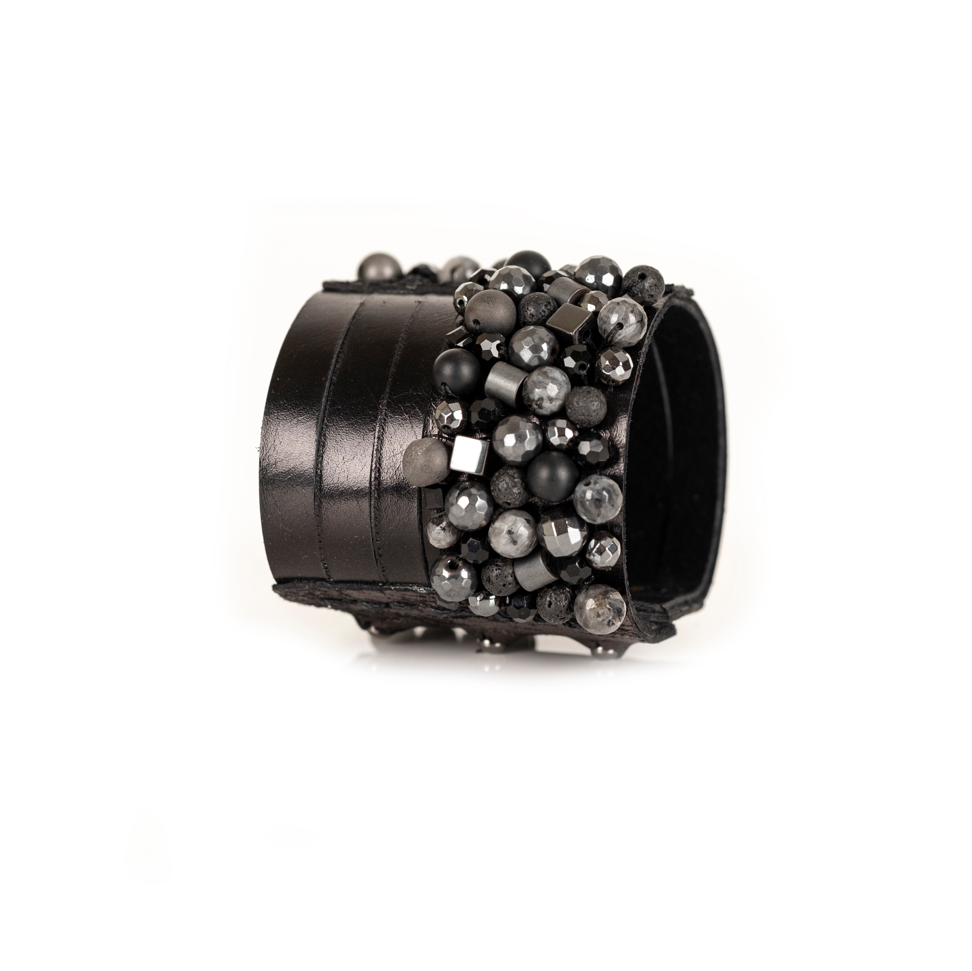 Black leather cuff bracelet with mixed metallic and stone bead cluster, handmade statement bracelet by THE DARK