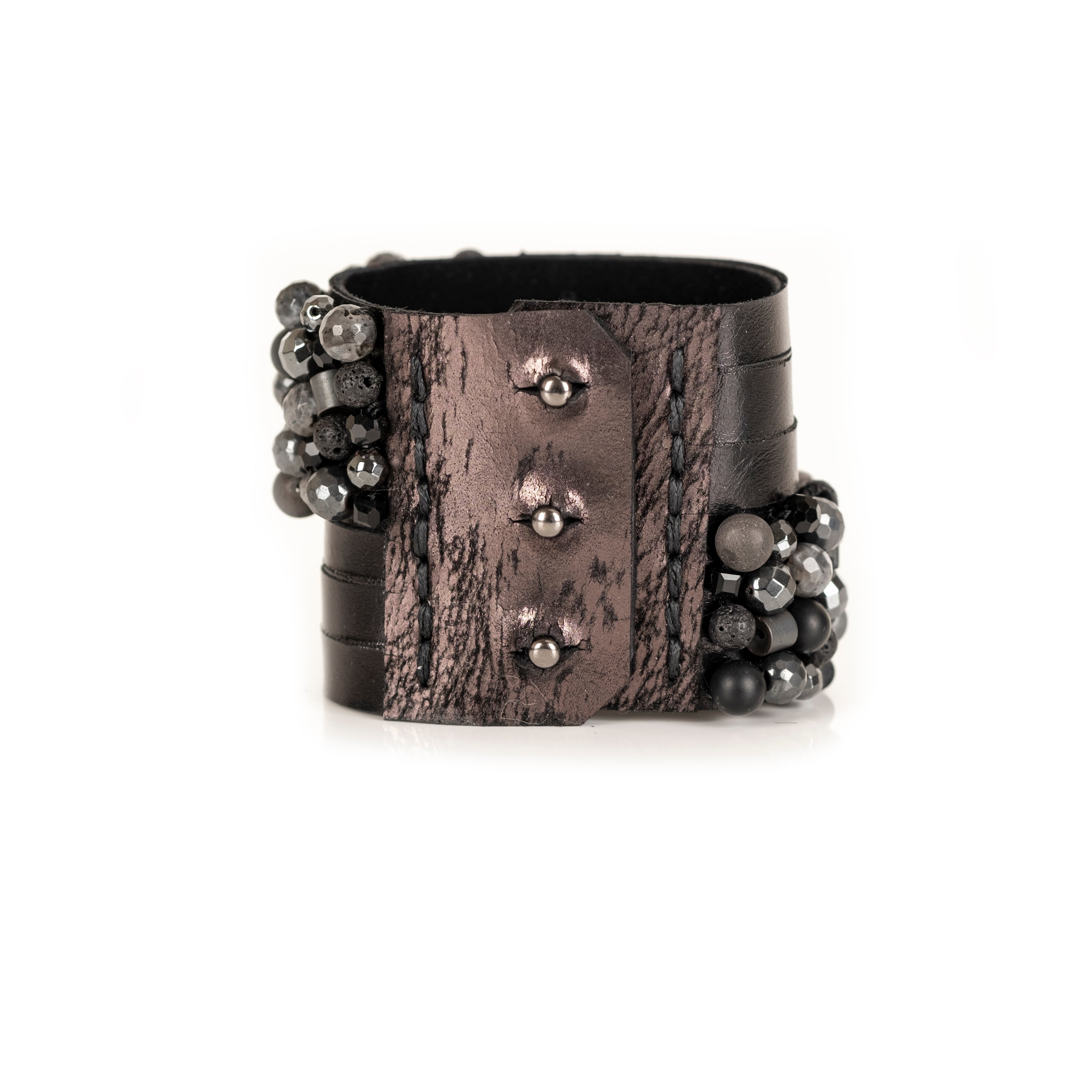 Black leather cuff bracelet with mixed metallic and stone bead cluster, handmade statement bracelet by THE DARK