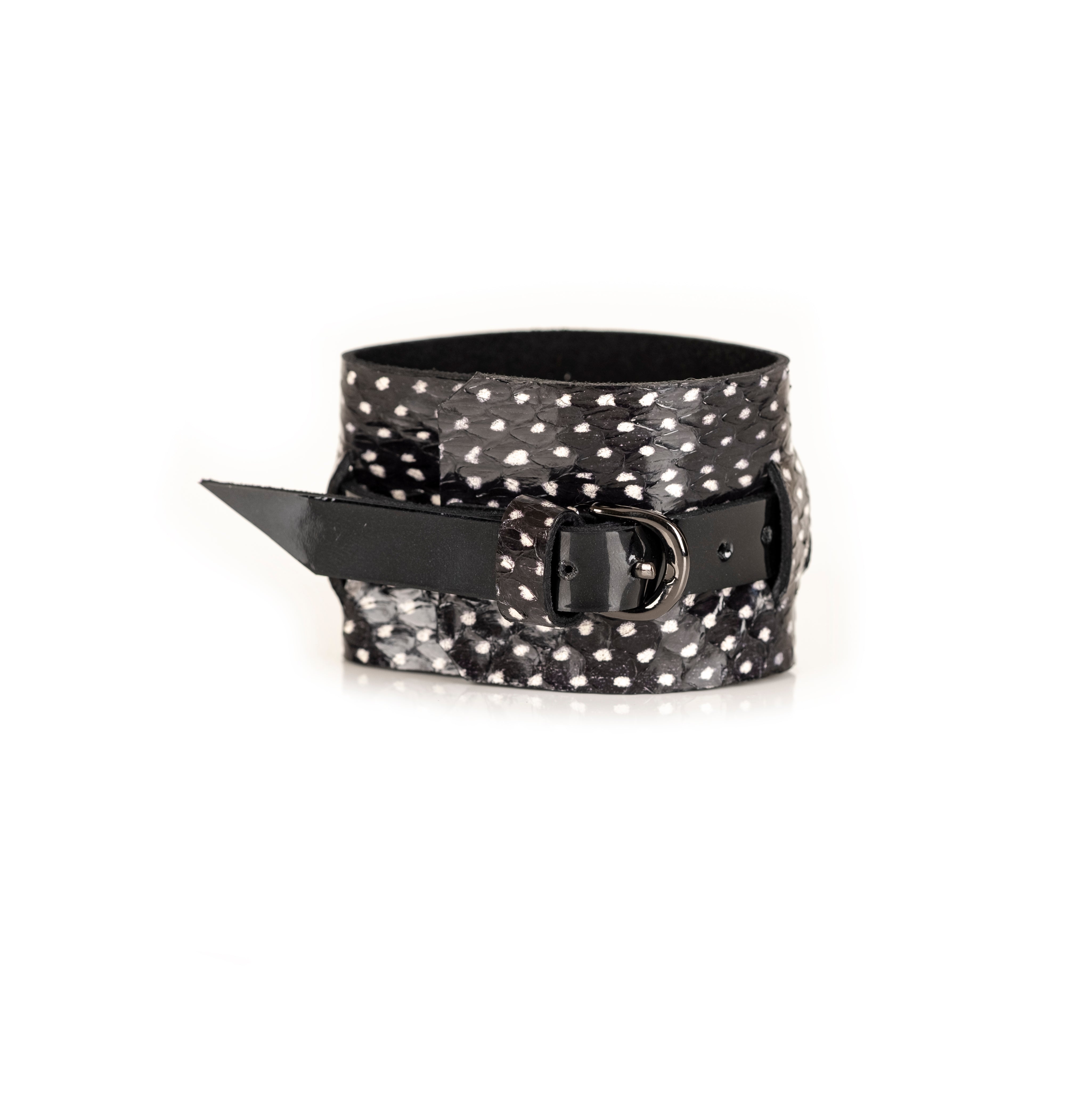 Black stingray leather cuff bracelet with glossy black center band, handmade exotic leather bracelet by THE DARK
