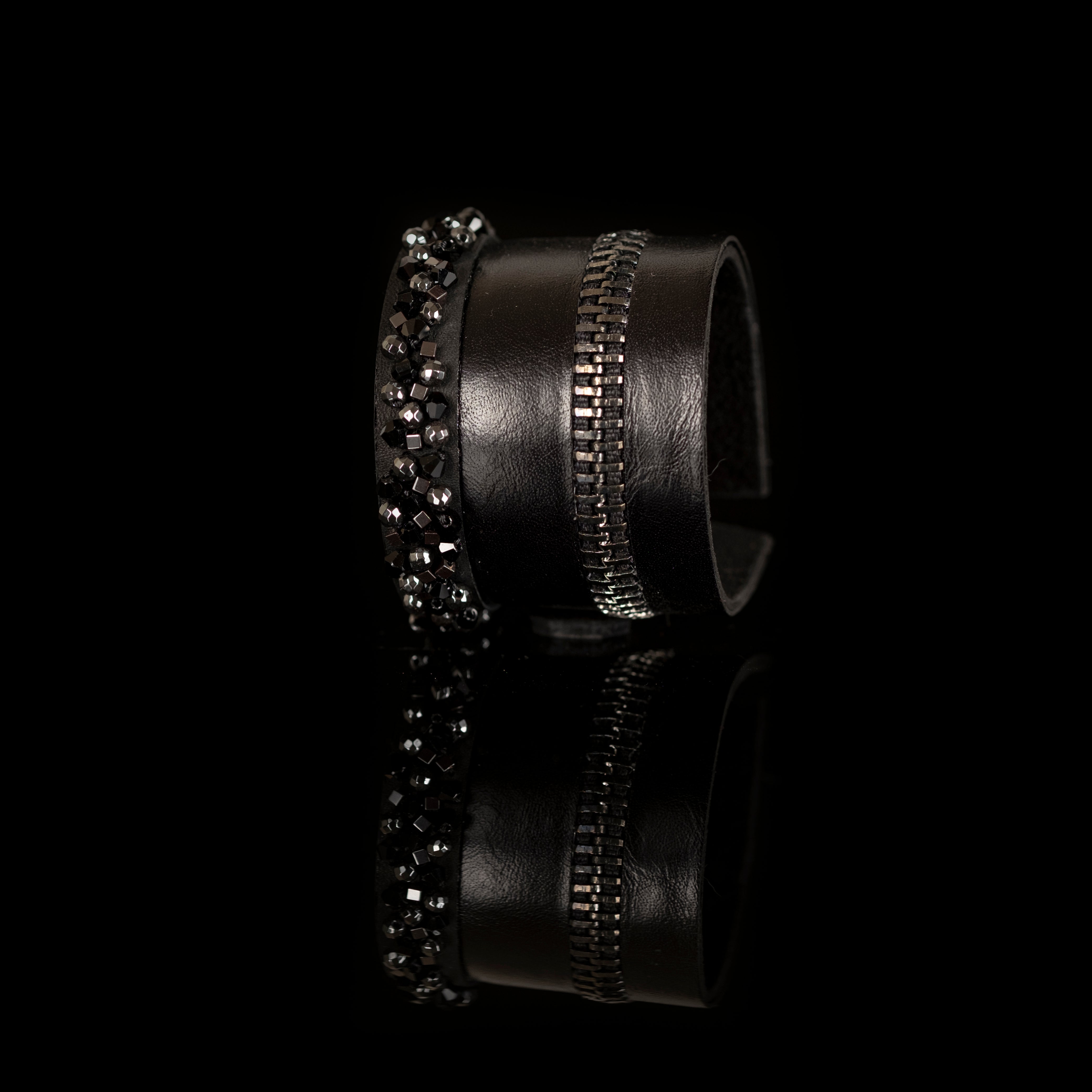 Black leather cuff bracelet with crystal edge and zipper detail, handmade statement bracelet by THE DARK