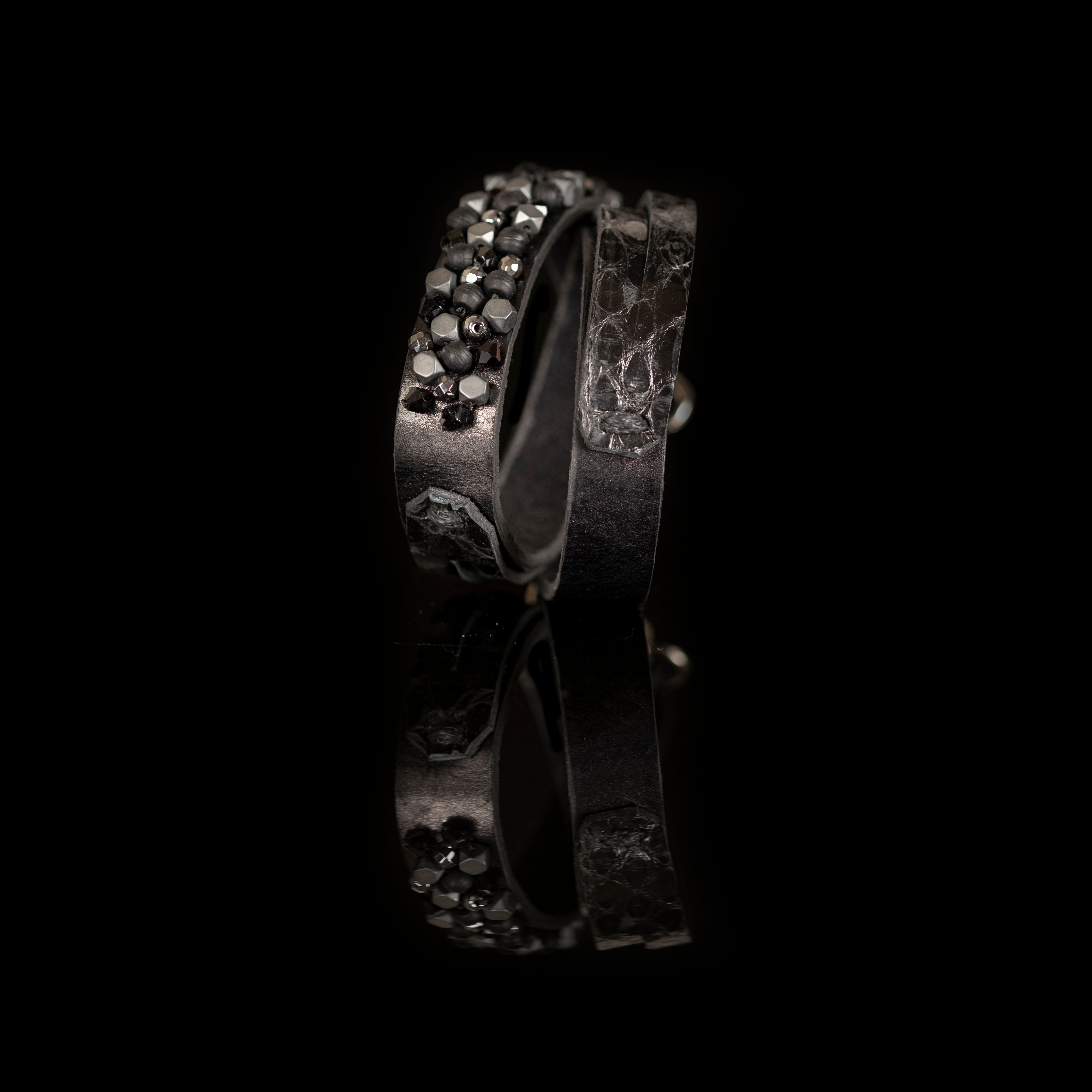 Black leather bracelet with faceted crystal bead band and adjustable leather strap, handmade by THE DARK