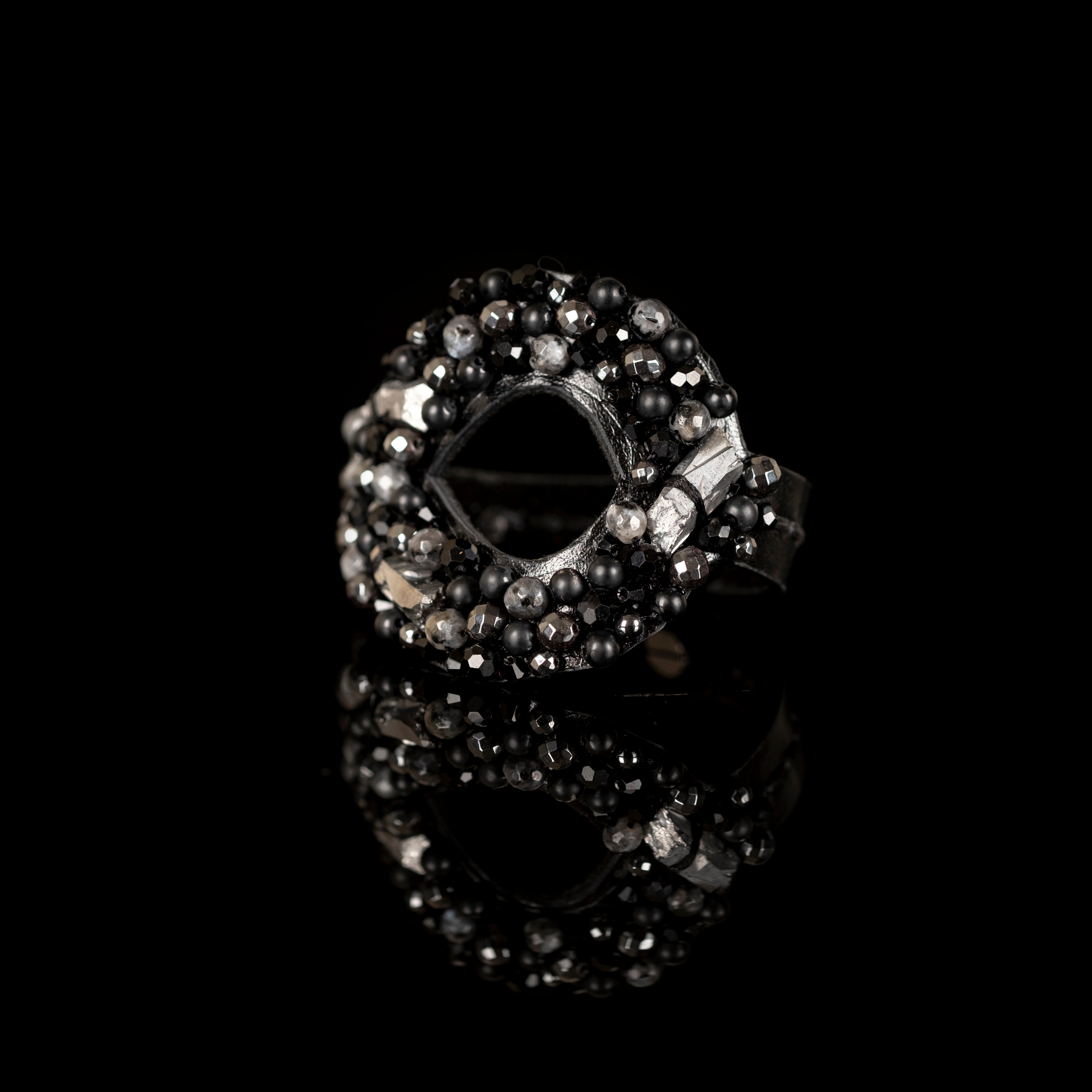 Black leather cuff bracelet with hematite beads and crystal embellishments, handmade statement bracelet by THE DARK