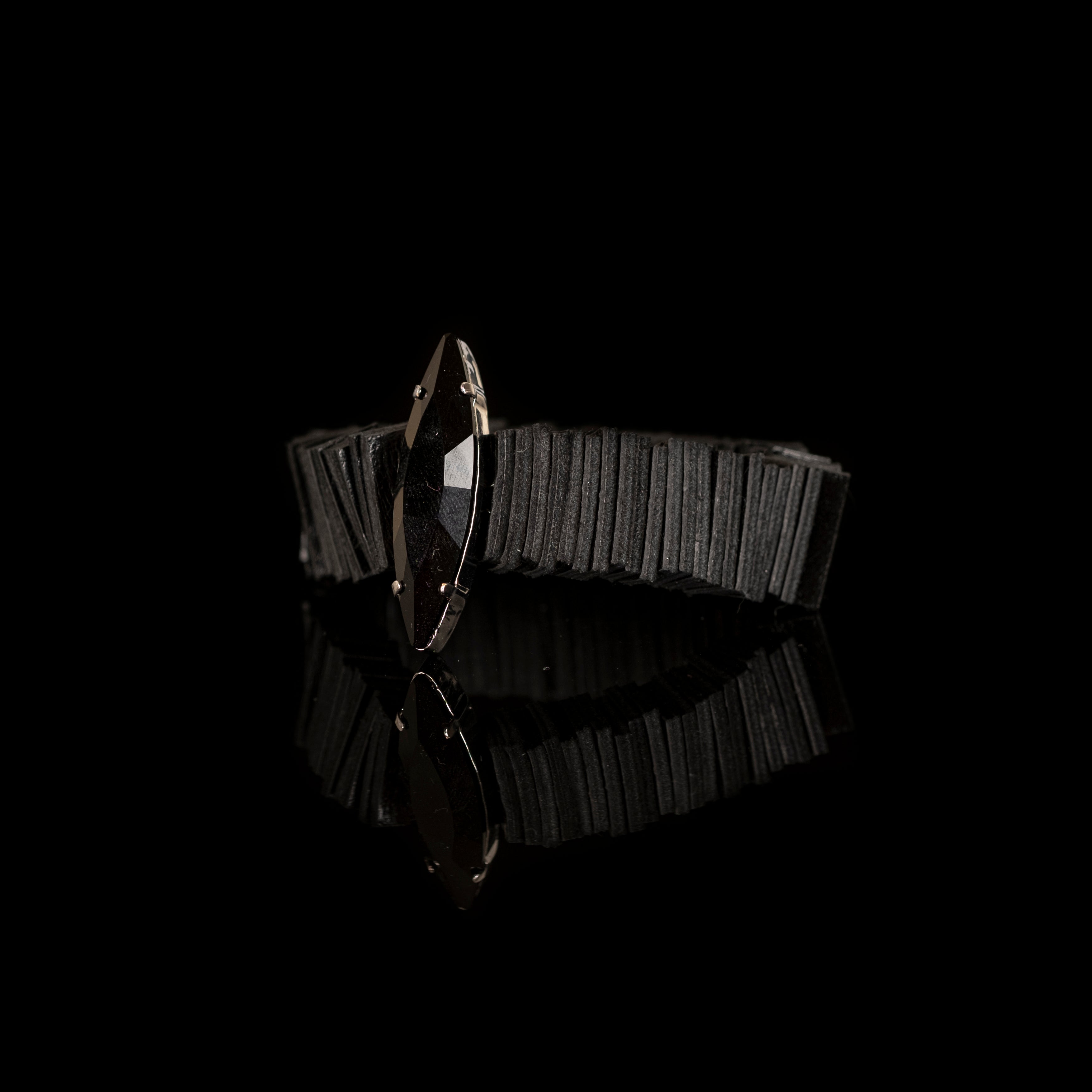 Black leather fringe bracelet with black marquise crystal centerpiece, handmade avant-garde leather bracelet by THE DARK