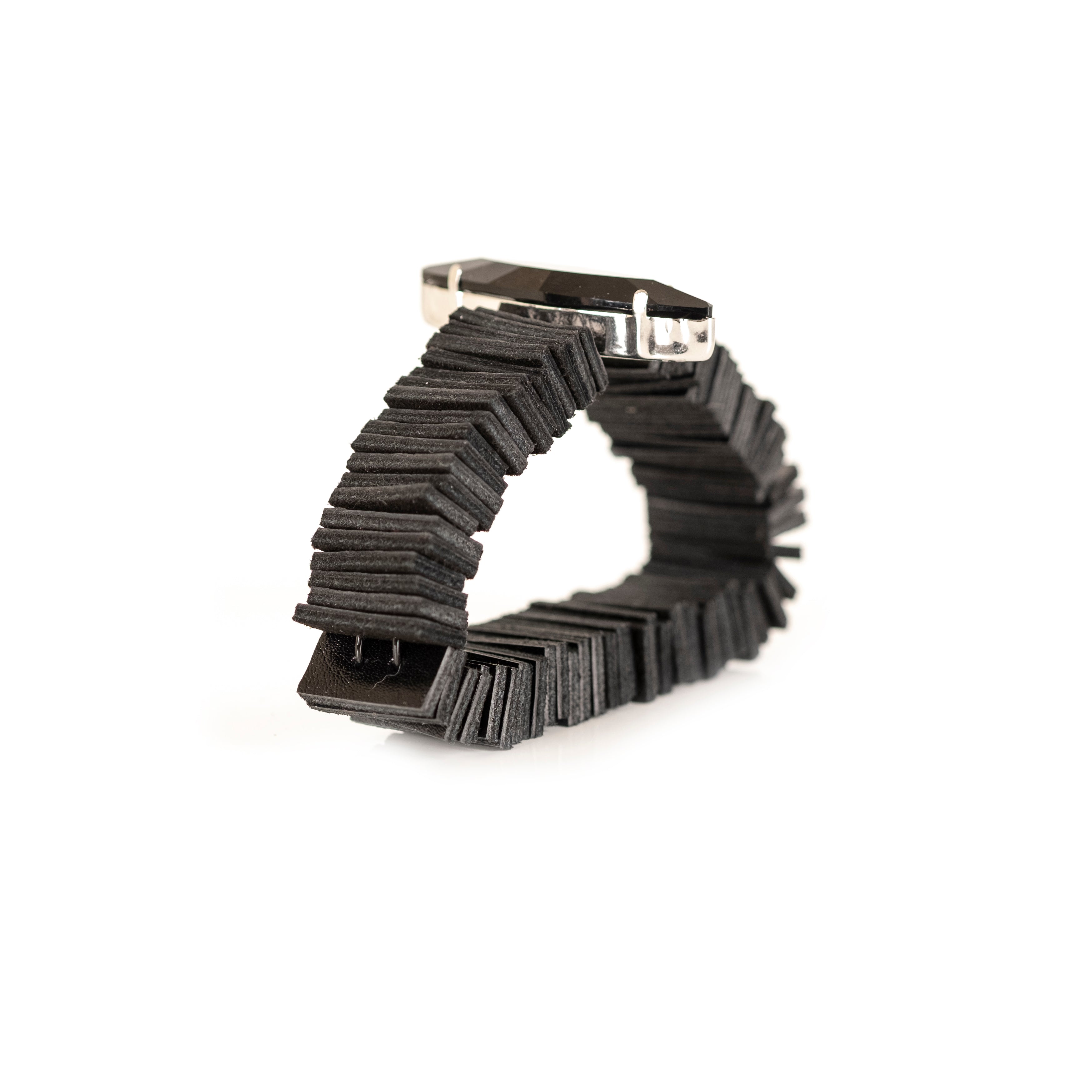 Black leather fringe bracelet with black marquise crystal centerpiece, handmade avant-garde leather bracelet by THE DARK