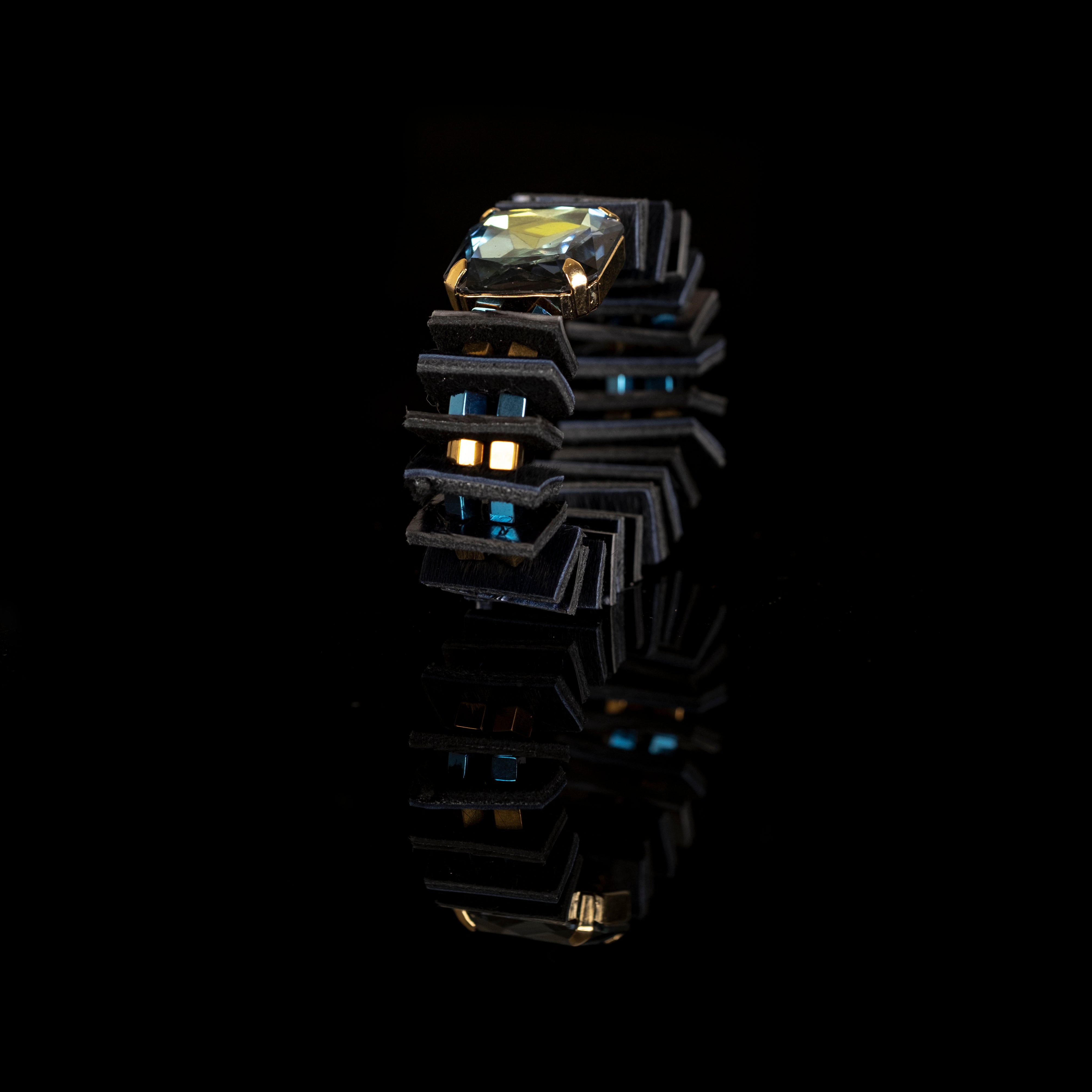 Black layered leather bracelet with large crystal prism and metallic accents, handmade statement bracelet by THE DARK