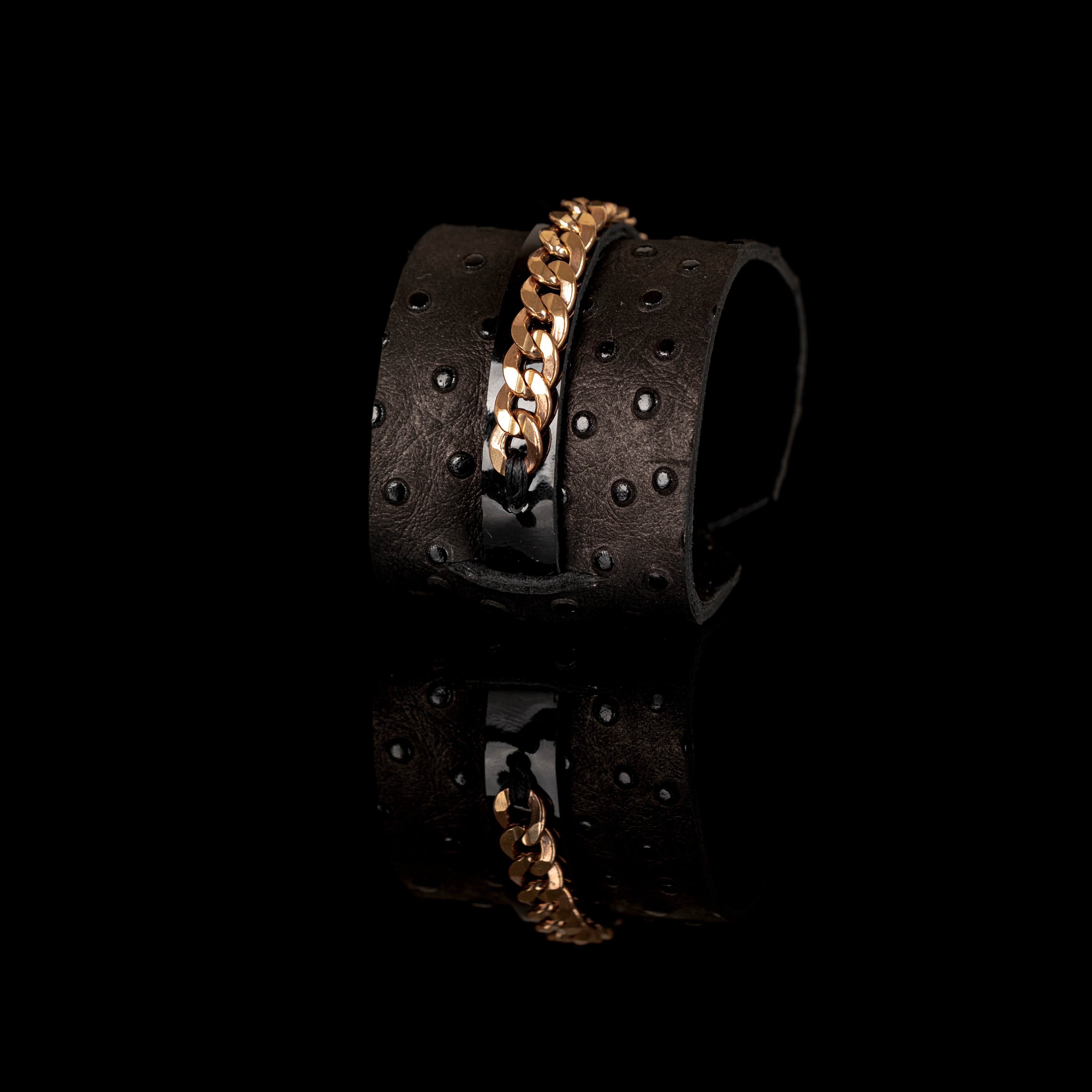 Brown ostrich leather cuff bracelet with gold chain centerpiece, handmade luxury leather bracelet by THE DARK