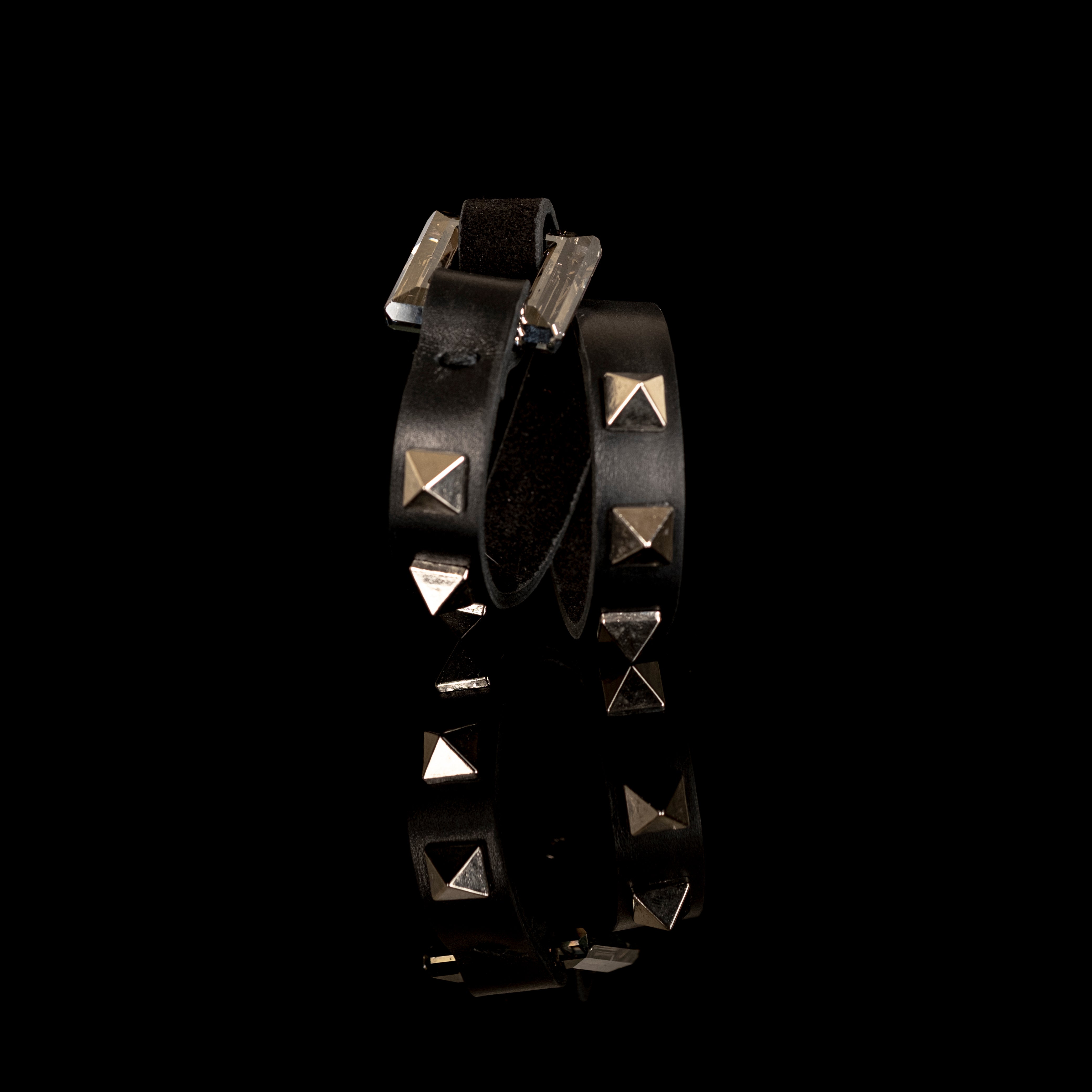 Black leather bracelet with large rectangular crystal centerpiece and metal pyramid studs, handmade statement cuff by THE DARK