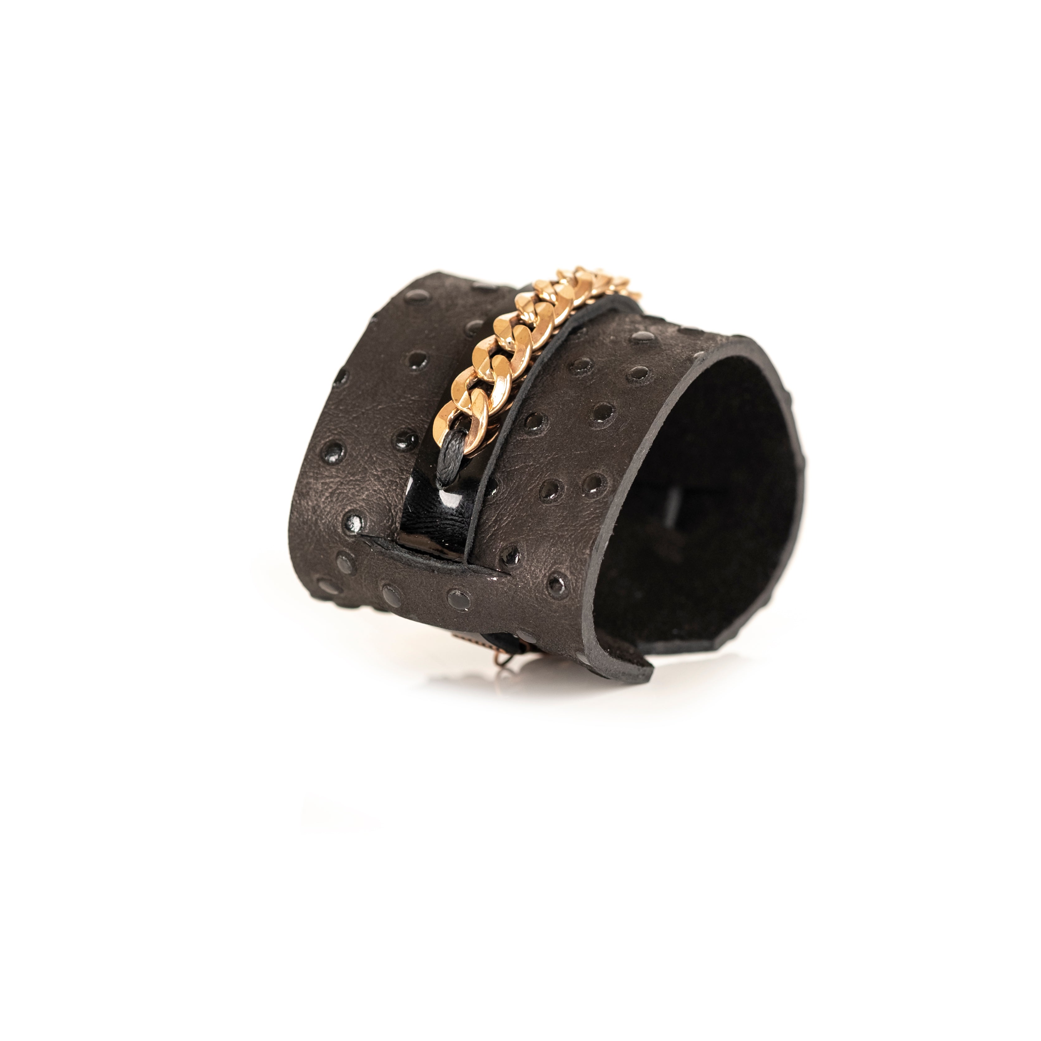 Brown ostrich leather cuff bracelet with gold chain centerpiece, handmade luxury leather bracelet by THE DARK