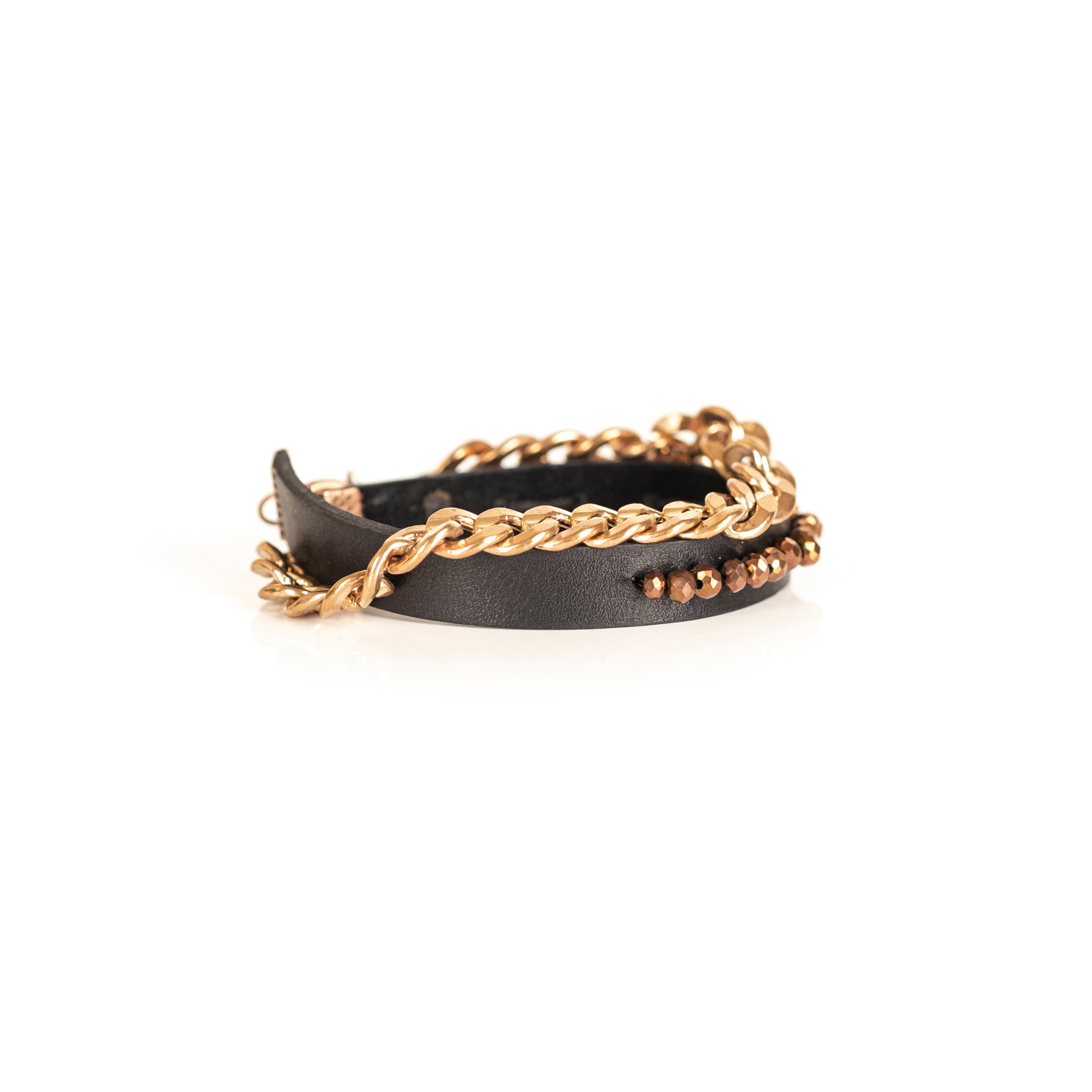 Black leather bracelet with gold chain and bronze faceted beads, handmade minimalist leather bracelet by THE DARK.
