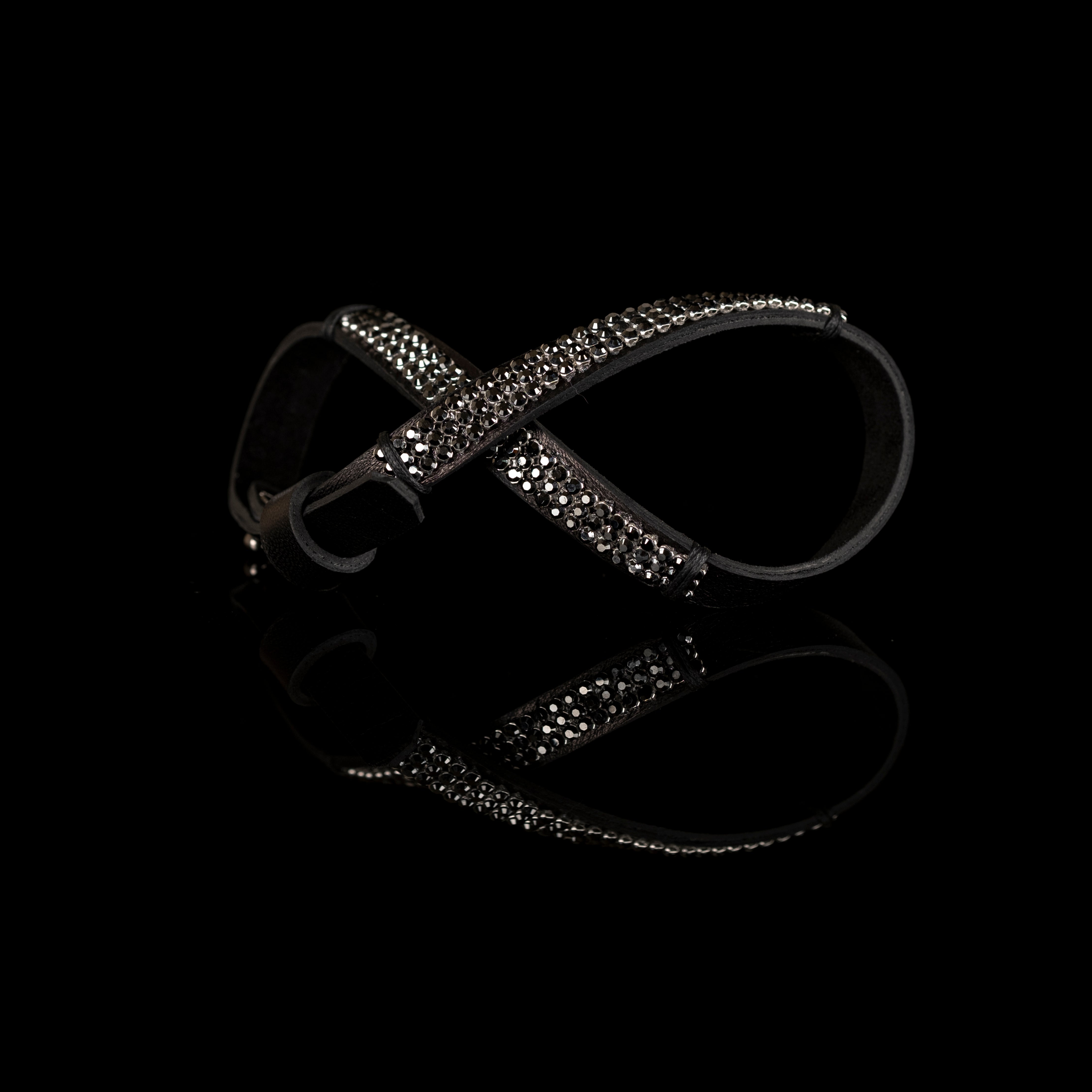 Grey leather bracelet with crystal pavé straps, handmade minimalist leather bracelet by THE DARK