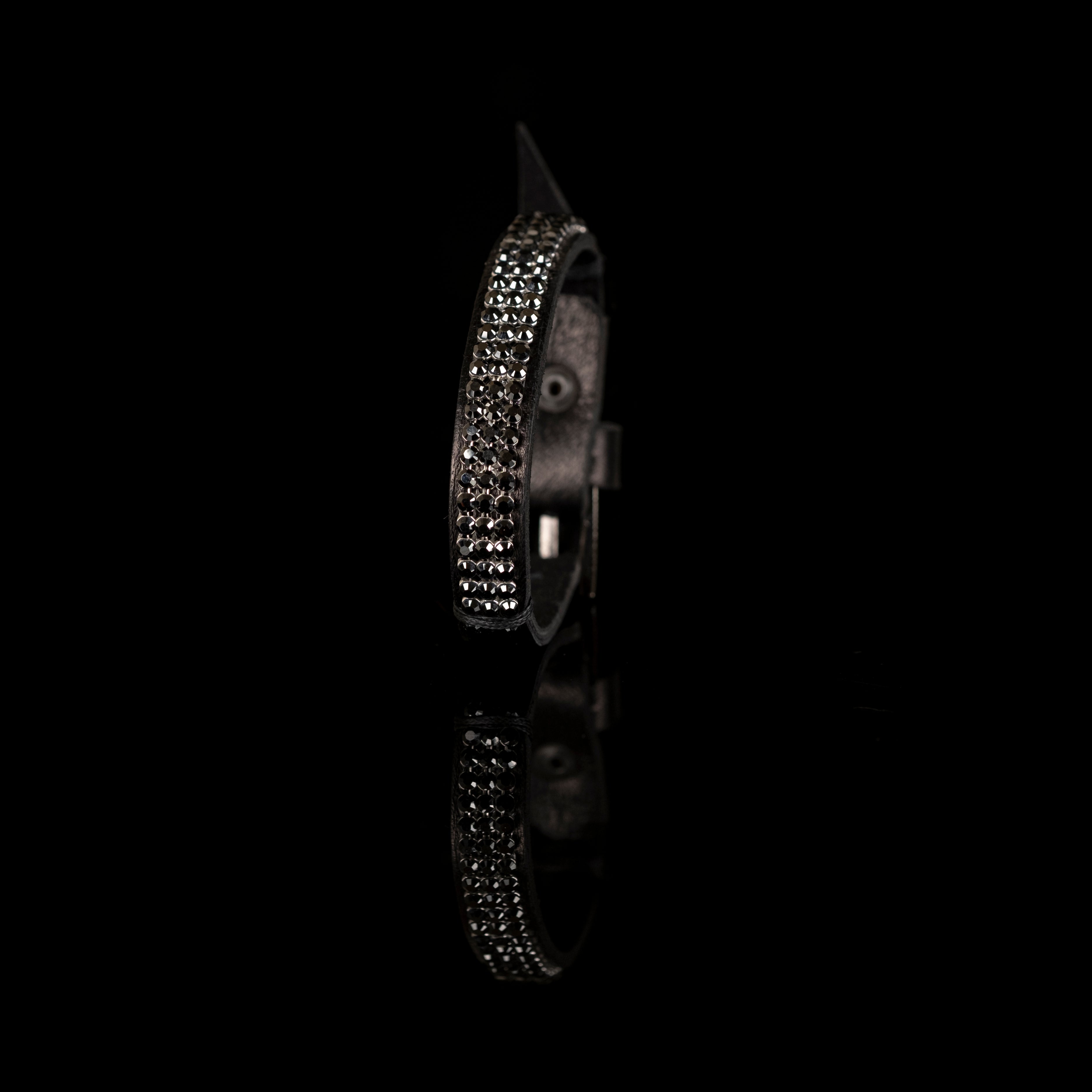 Black leather bracelet with gunmetal crystal studs, handmade minimalist statement bracelet by THE DARK