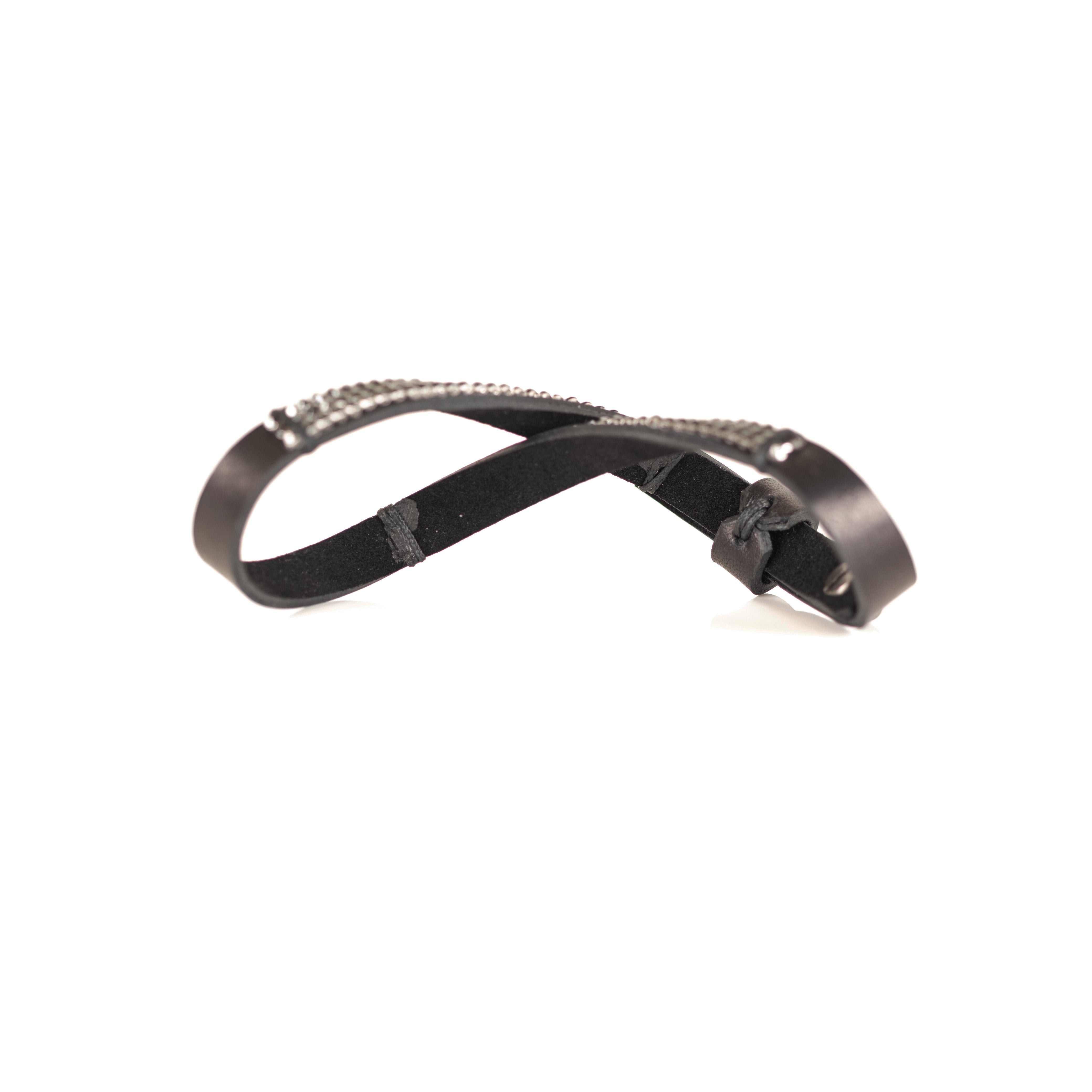 Grey leather bracelet with crystal pavé straps, handmade minimalist leather bracelet by THE DARK