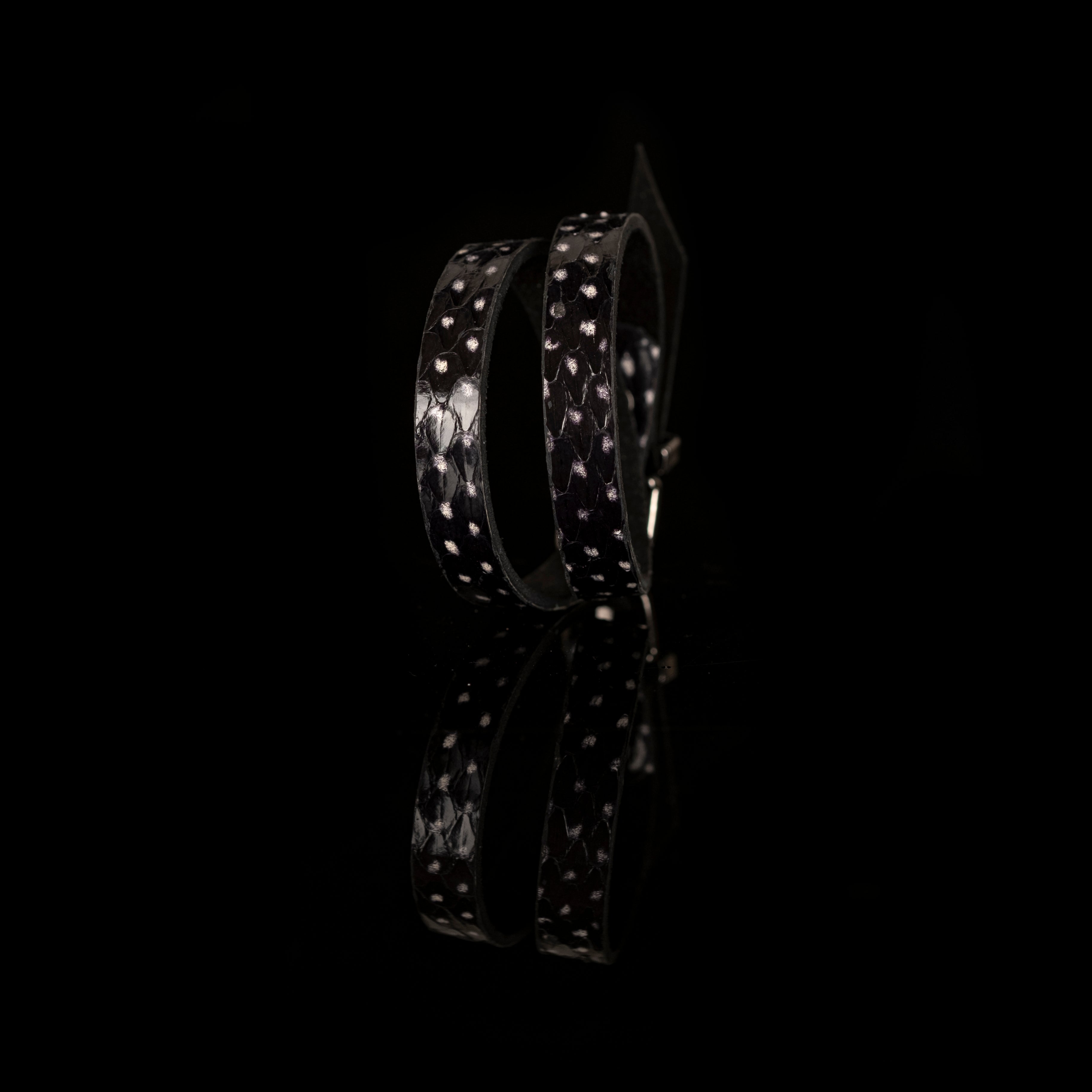 Black stingray leather double wrap bracelet with natural pearl texture, handmade exotic leather bracelet by THE DARK.