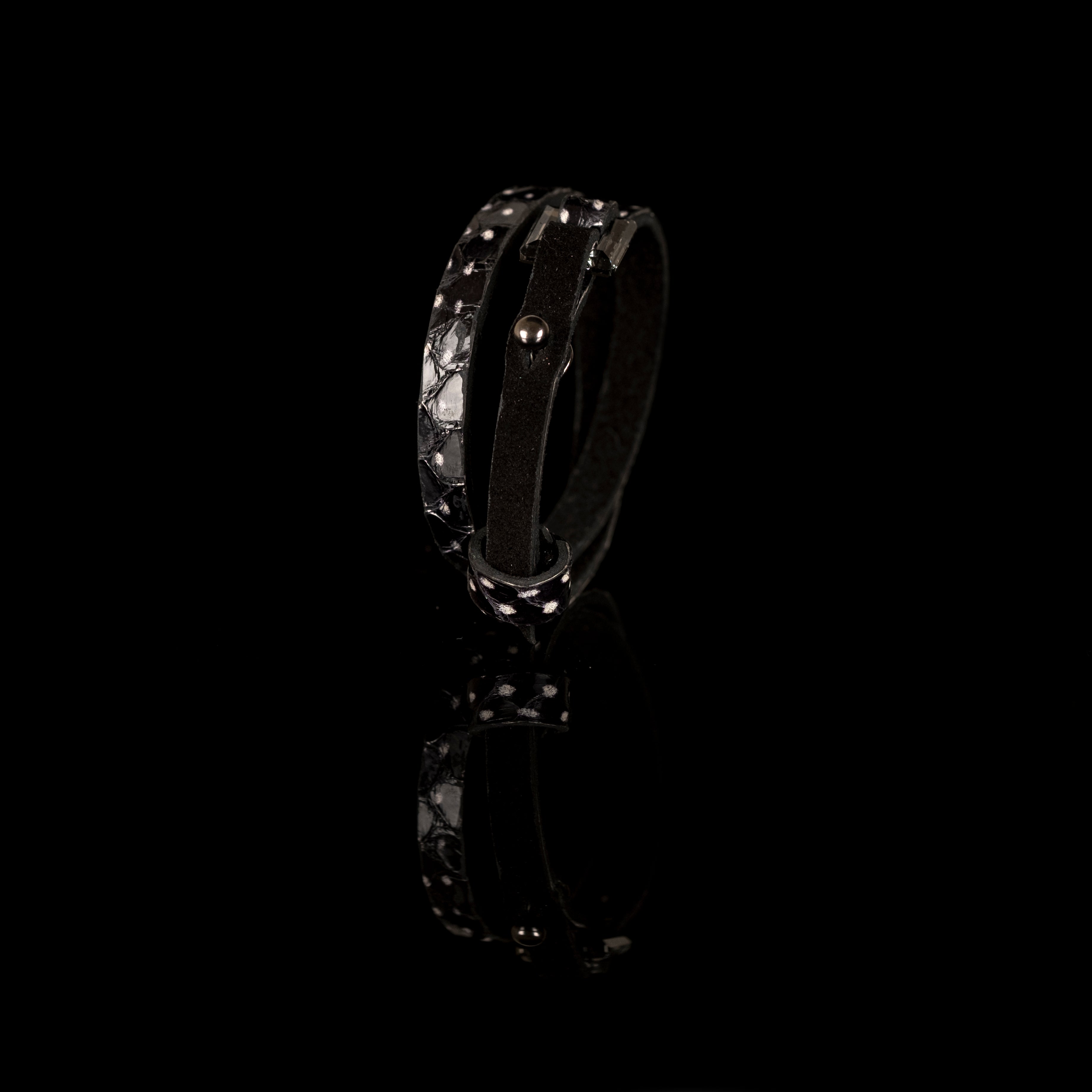 Black stingray leather wrap bracelet with buckle closure, handmade exotic leather bracelet by THE DARK