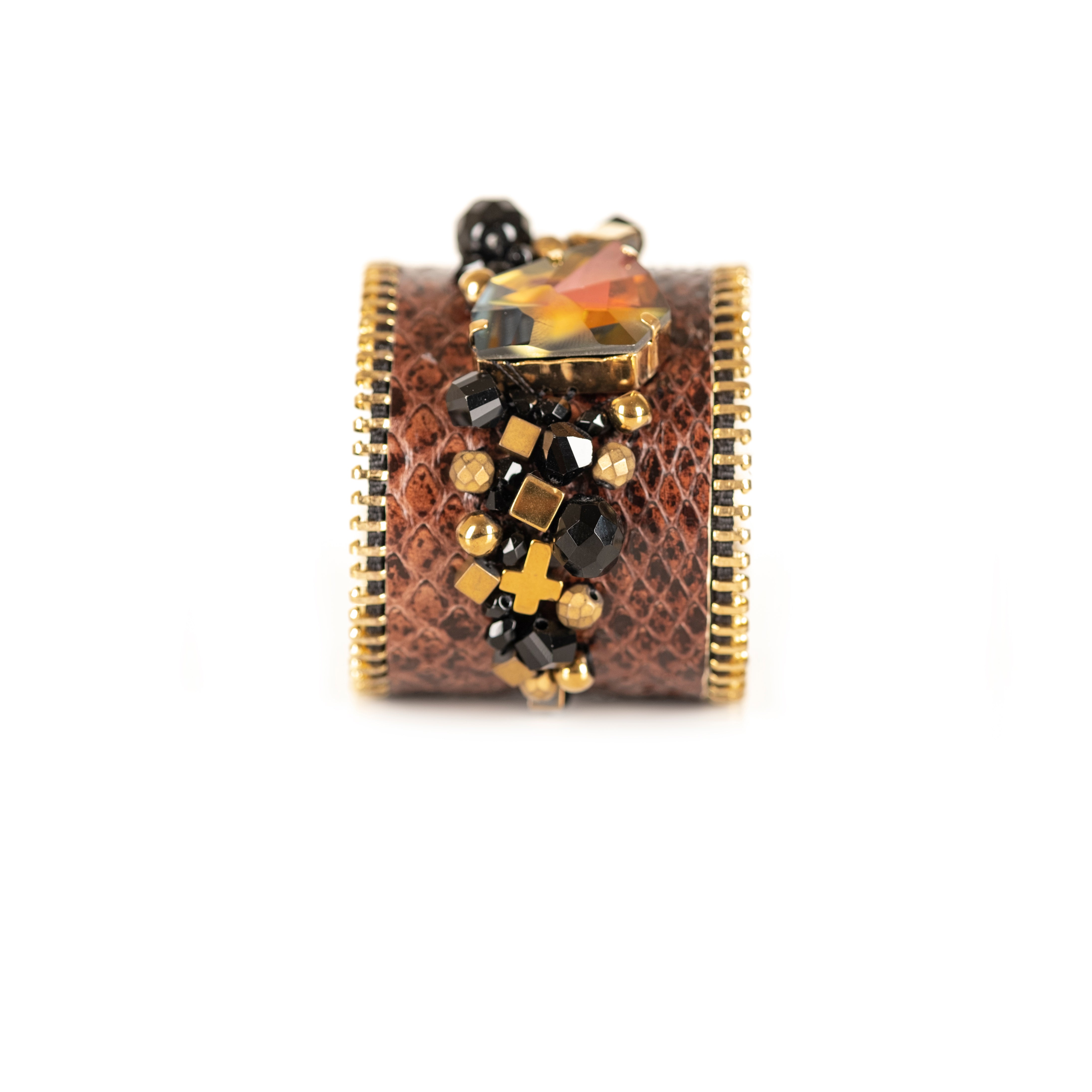 Brown python leather cuff bracelet with amber crystal centerpiece, gold zipper edges and bead embellishment, handmade by THE DARK

