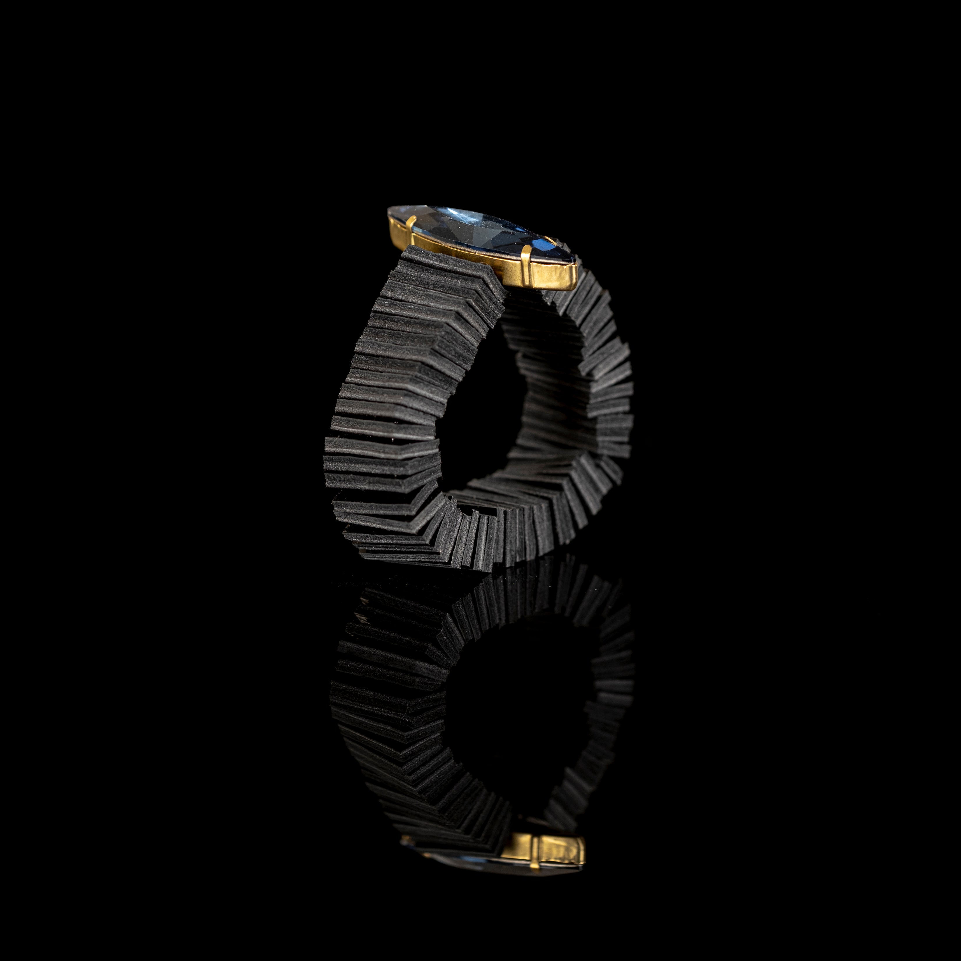 Black layered fringe leather bracelet with marquise crystal centerpiece and gold setting, handmade statement cuff by THE DARK
