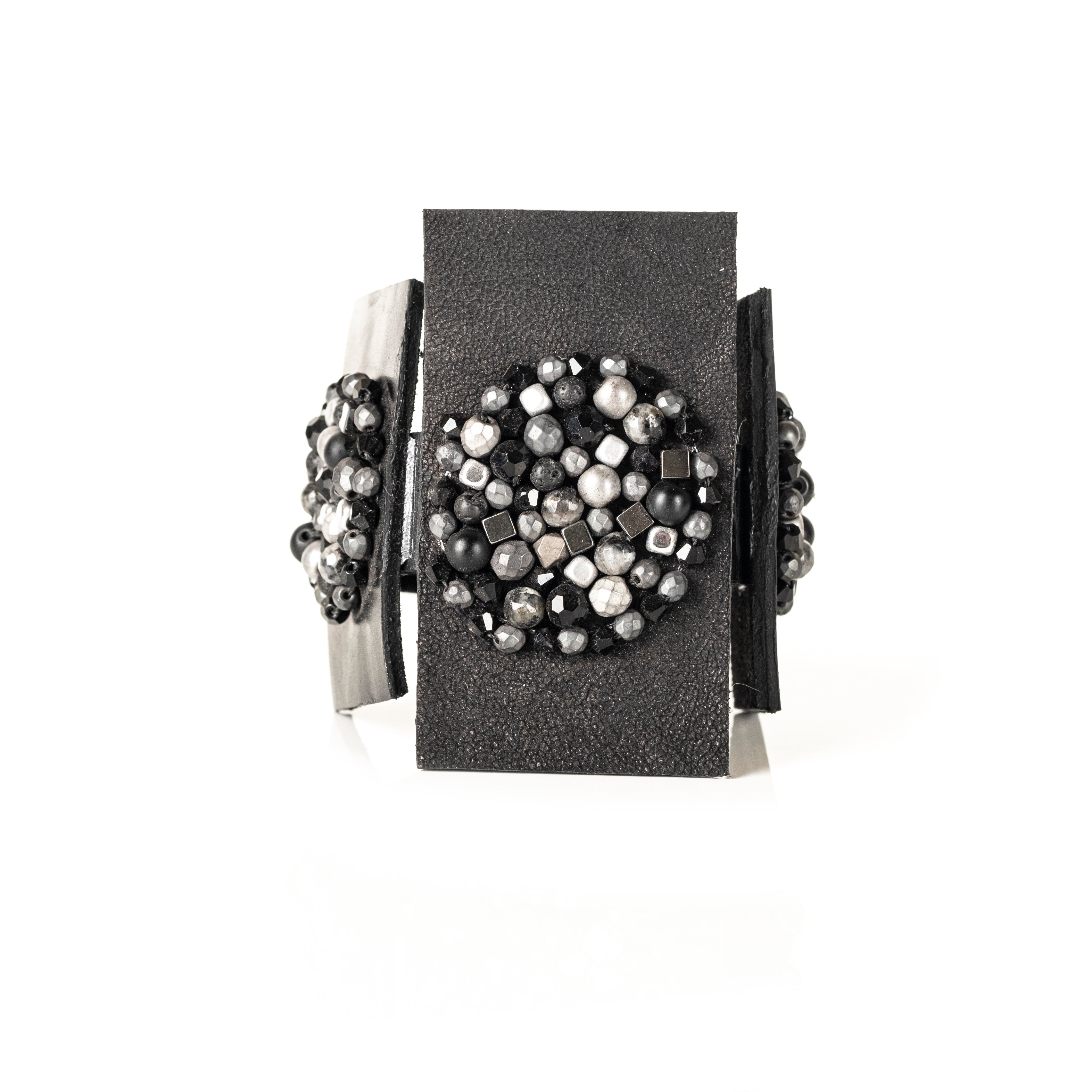 Black leather architectural cuff with circular bead clusters, handmade sculptural statement bracelet by THE DARK