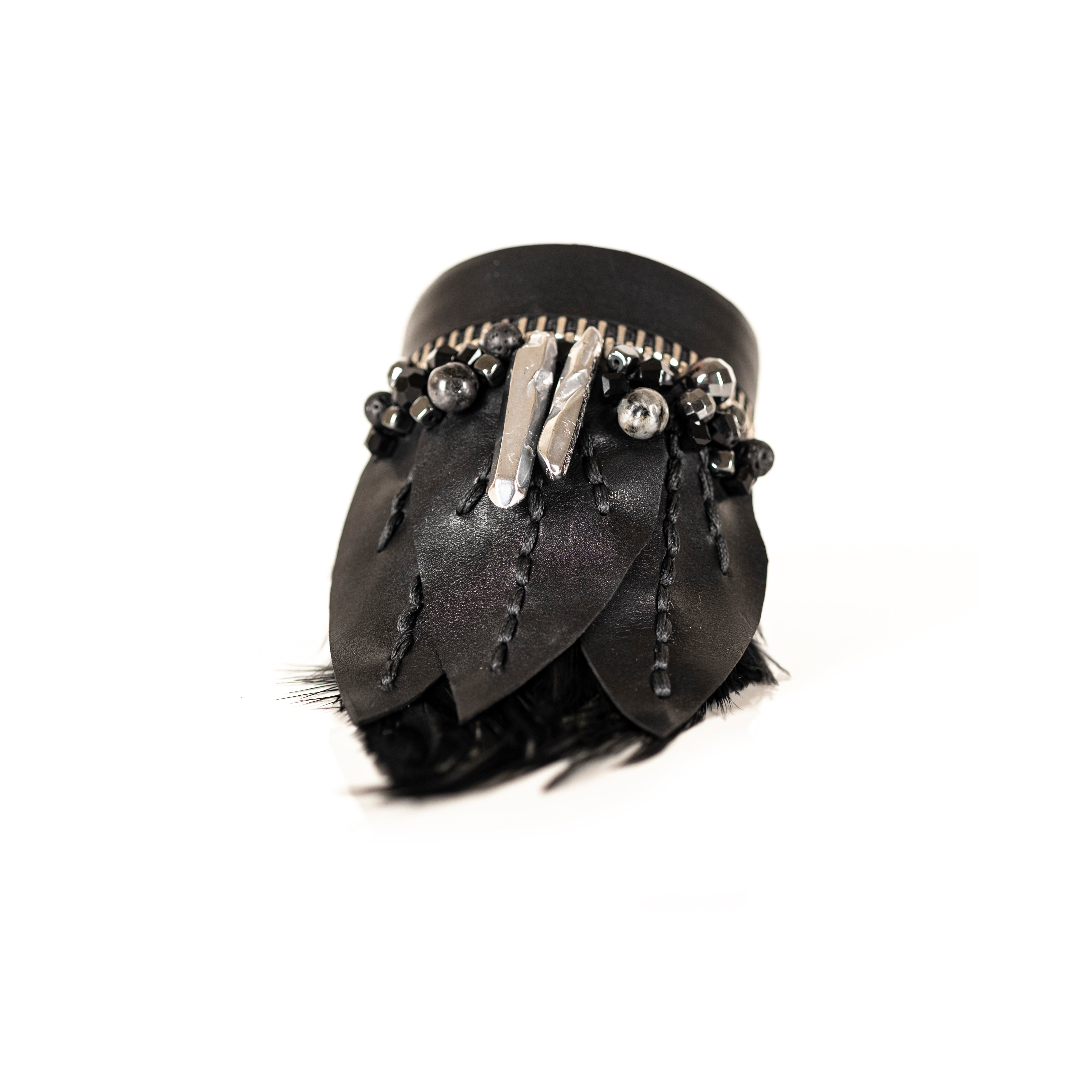 Black leather feather bracelet with crystals and zipper edge detail, handmade avant-garde statement bracelet by THE DARK