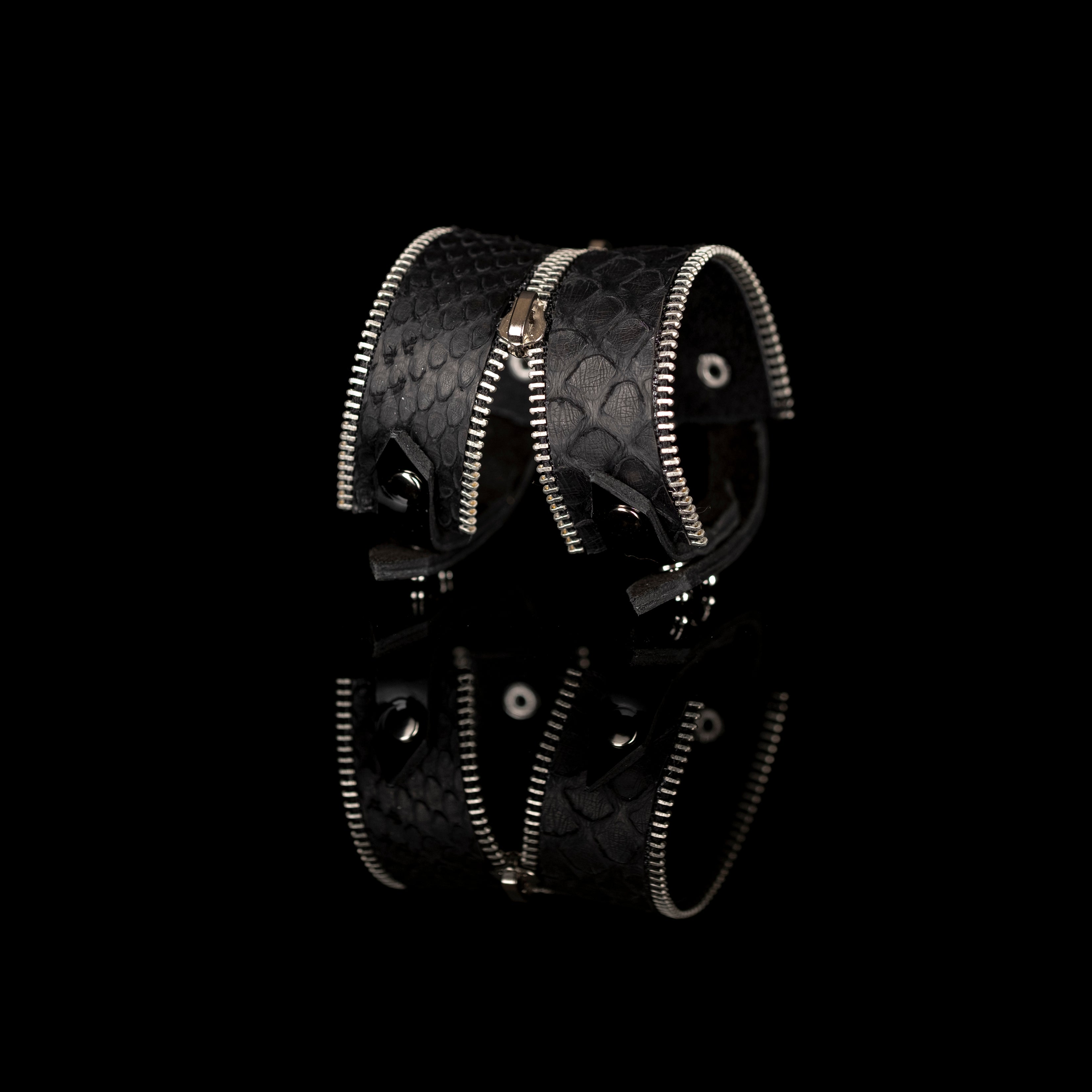Black python leather bracelet with silver zipper details and double strap design, handmade exotic leather bracelet by THE DARK